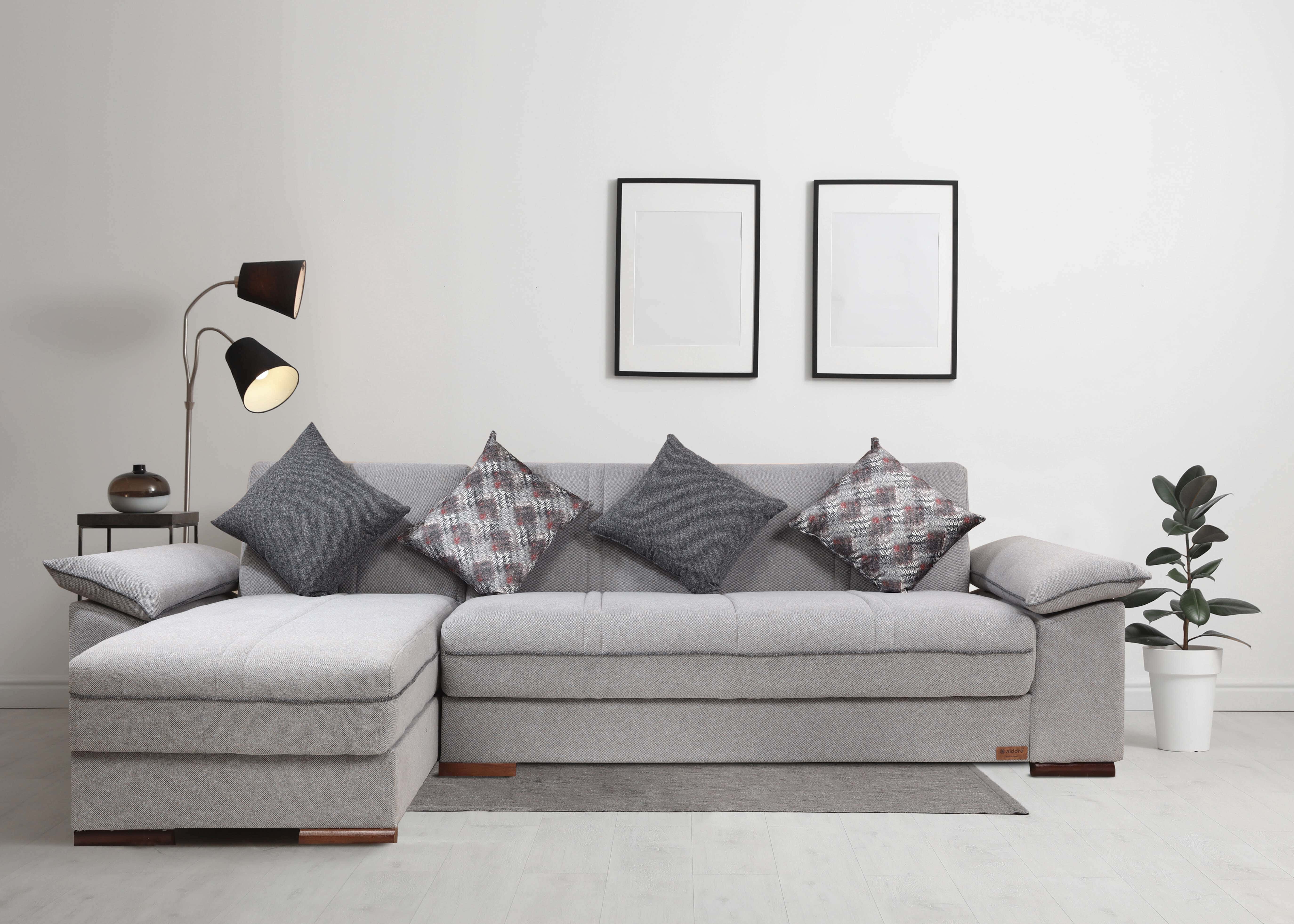 Aldora Miami L-Shaped Sofa, Natural Wood, Linen Fabric, Two Pieces - Grey