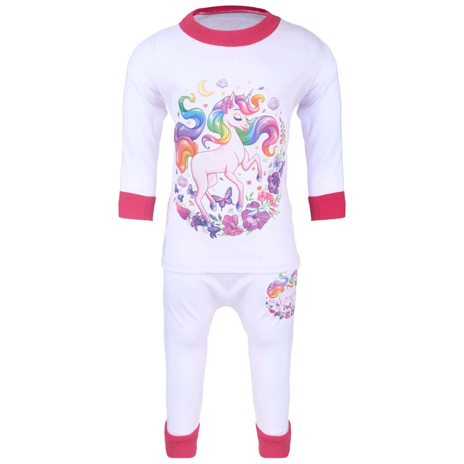 Cotton Pajama Set for Girls, 2 Pieces, Size 1-2 Years - White Fuchsia