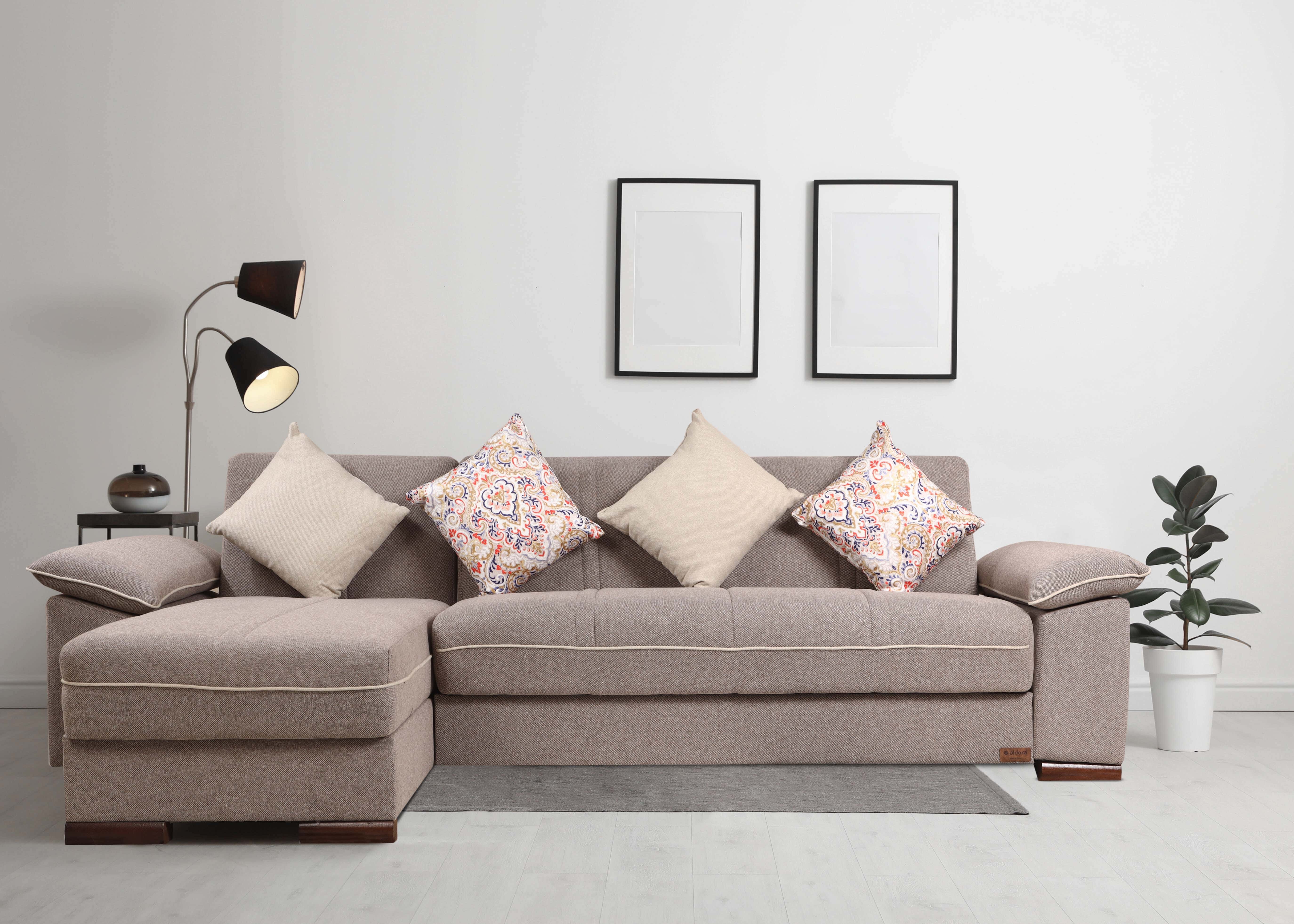 Aldora Miami L-Shaped Sofa, Natural Wood, Linen Fabric, Two Pieces - Light Brown