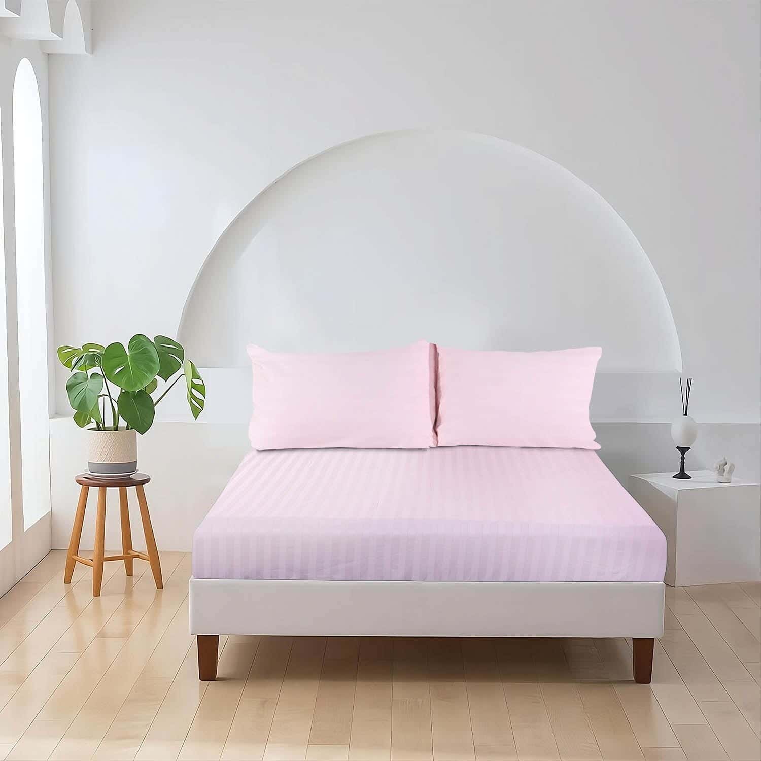 Mahalla Cotton Striped Bed Sheet Set With Elastic, 2 Pieces, 200×180 cm - Pink
