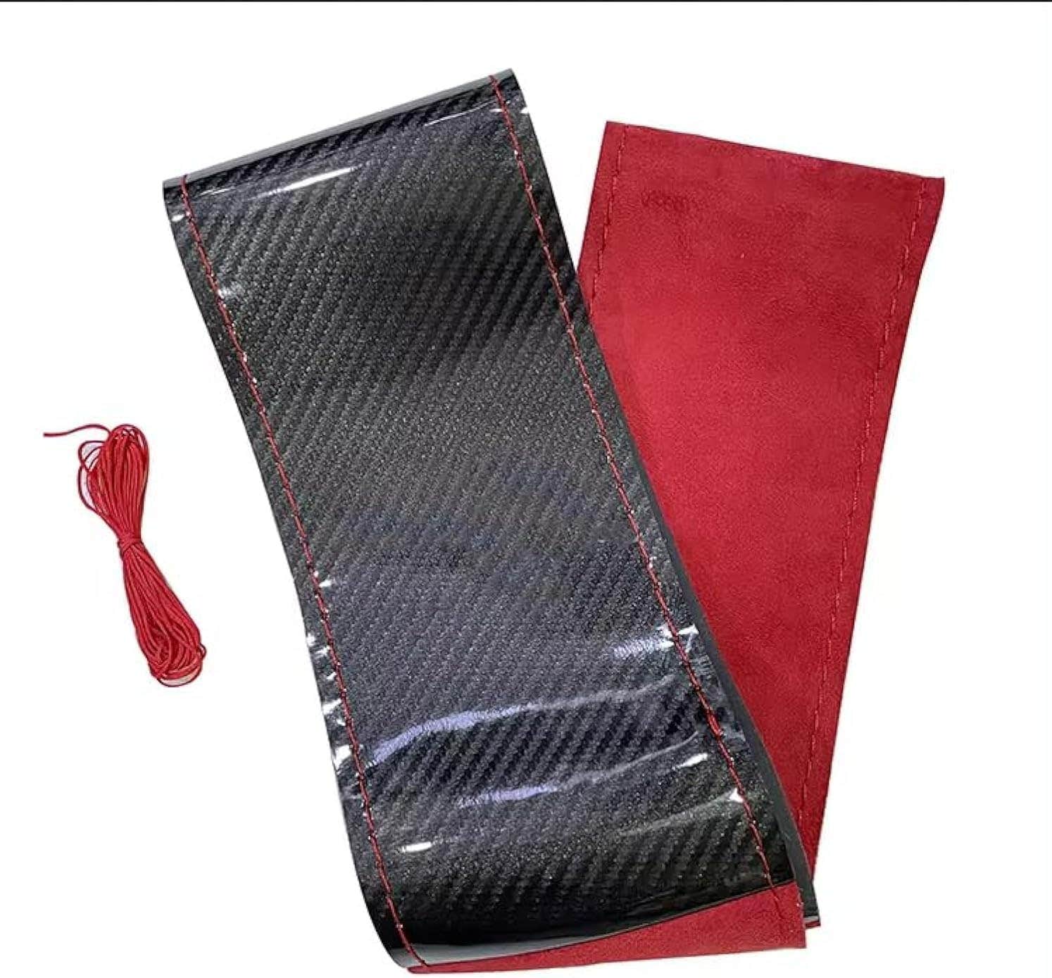 Soft Suede Carbon Hand Stitching Car Steering Wheel Cover - Black Red