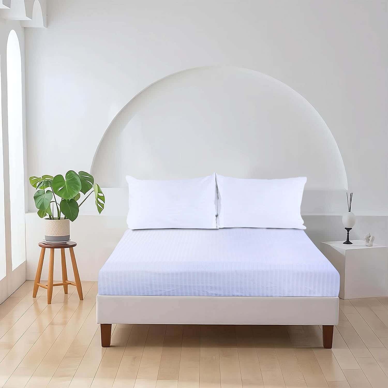 Mahalla Cotton Striped Bed Sheet Set With Elastic, 2 Pieces, 200×160 cm - White
