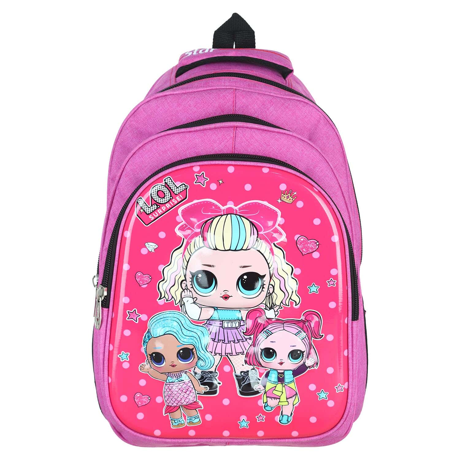 Star Fabric School Backpack for Girls, 42×29 cm, 3 Zippers - Fuchsia