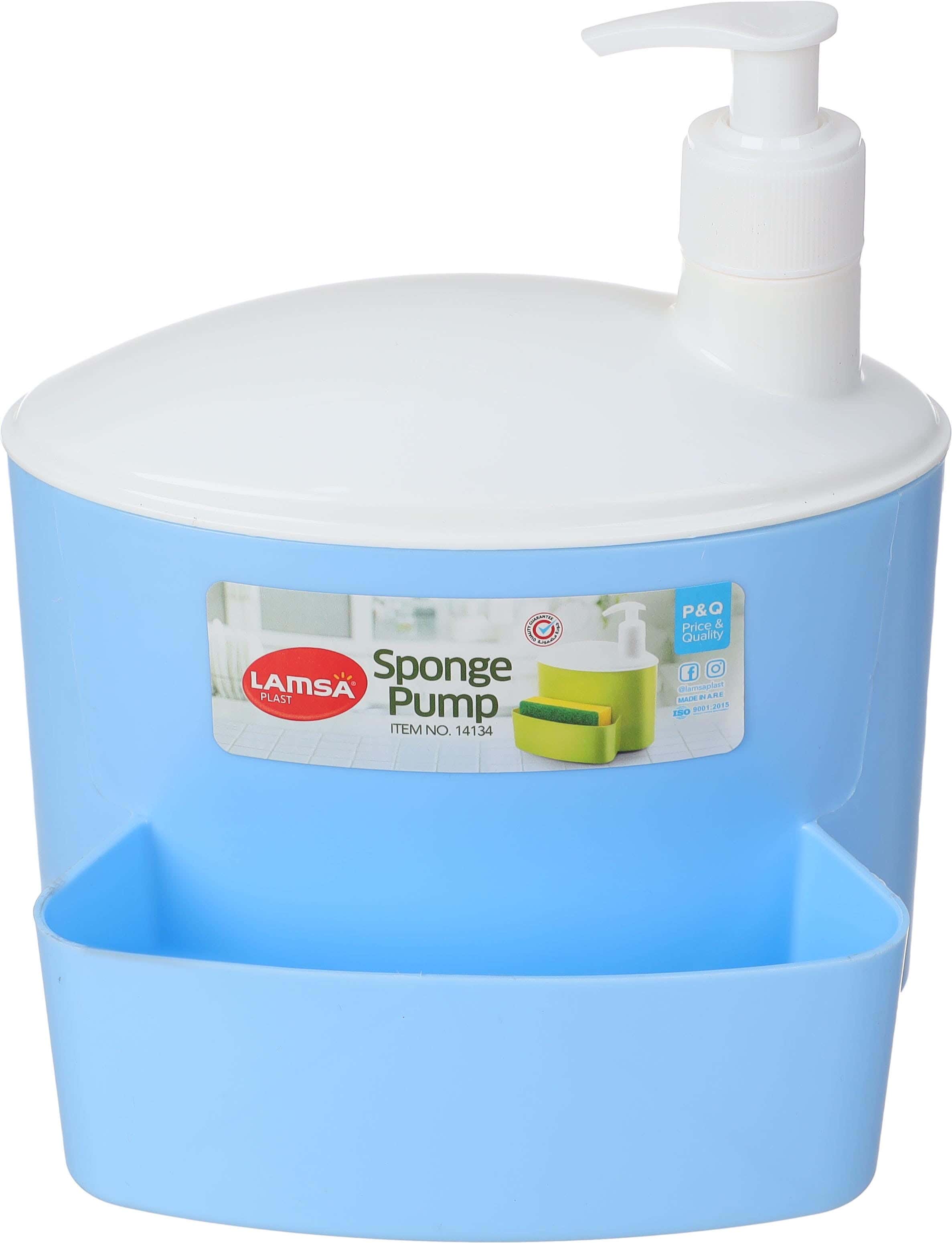 Lamsa Plast Plastic Soap Pump, with Front Sponge Holder, 19×16×13 cm - White Light Blue