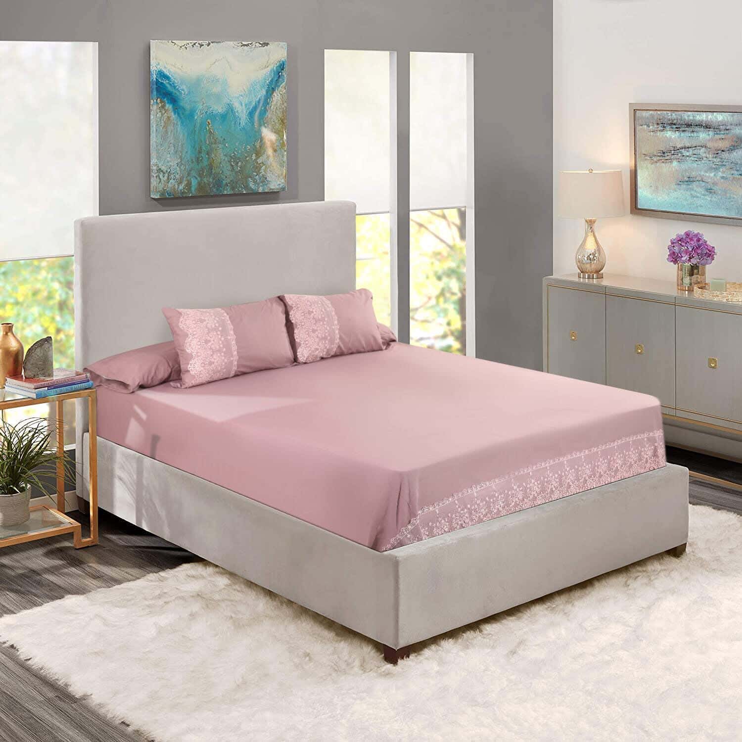 Besan Tull Canar Cotton Bed Sheet Set, 4 Pieces, 2700 Grm - Dark Kashmere