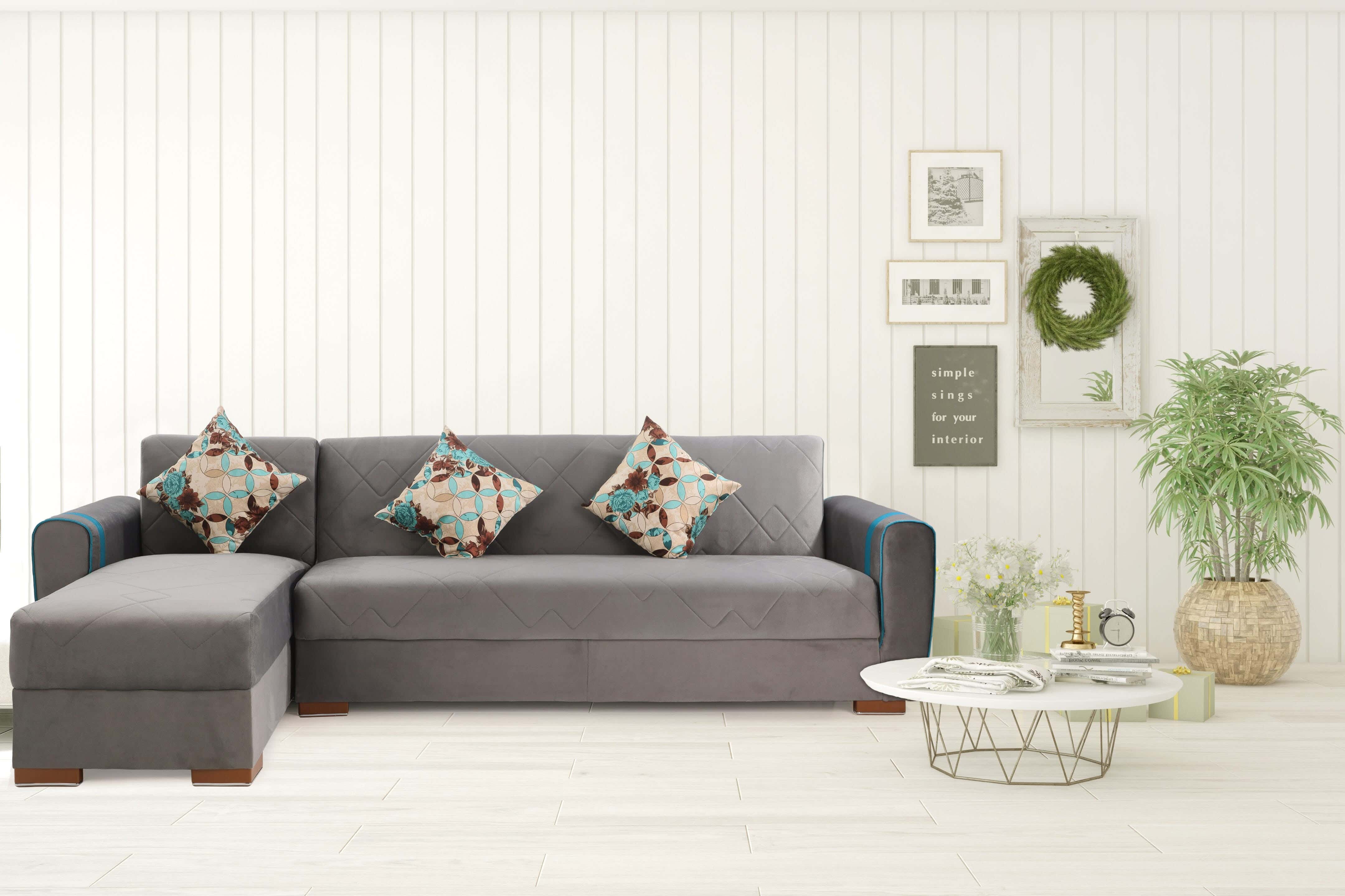 Musky & Beech Wood L-Shaped Corner Sofa Bed, 2 Pieces, 3 Cushions, 276x136x81 cm - Grey