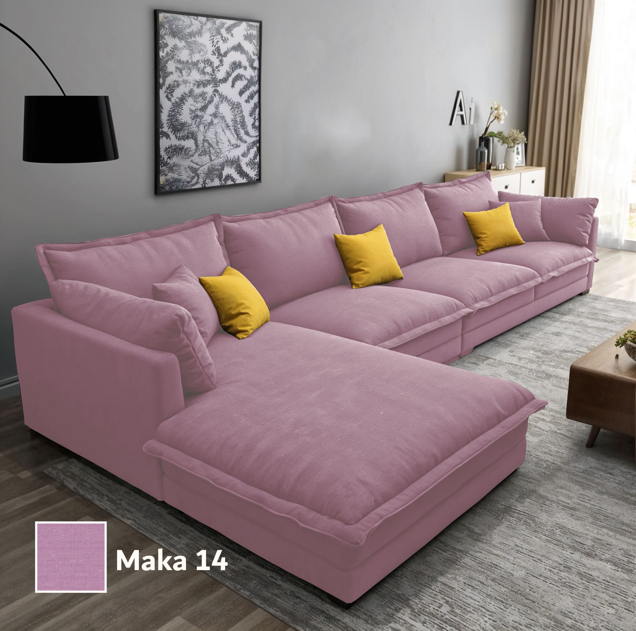 Two-piece L-shaped corner sofa, made of Mosky wood, and linen fabric, 300x200x80x70 cm - Mauve