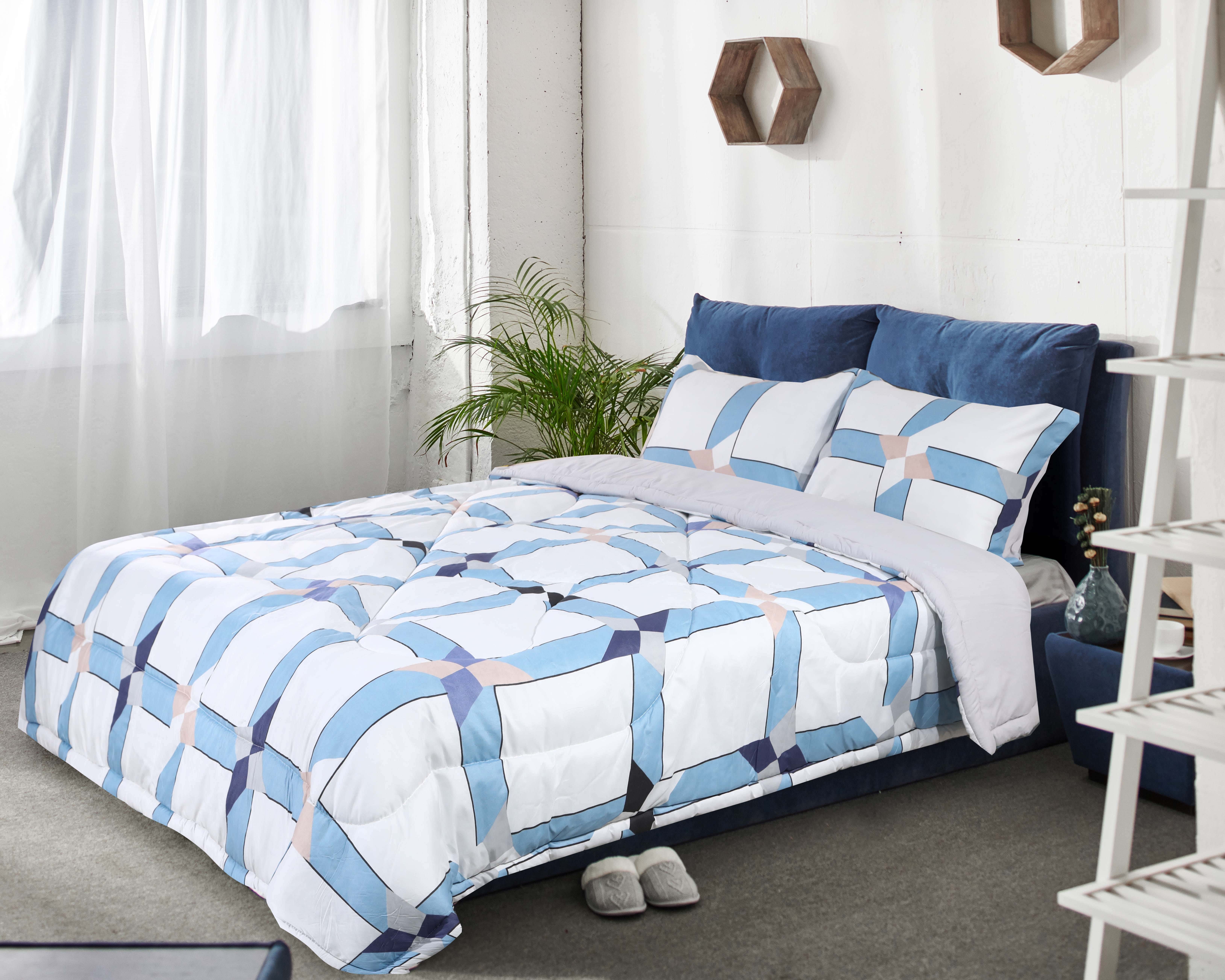 Ronza Home Microfiber Quilt Set, 3 Pieces, 220×240 Cm Approximately 3300 Grams - White Blue