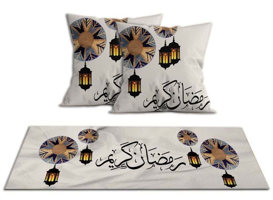 Velvet Runner Tablecloth Ramadan Pattern, With 2 Cushion Covers - Multicolor
