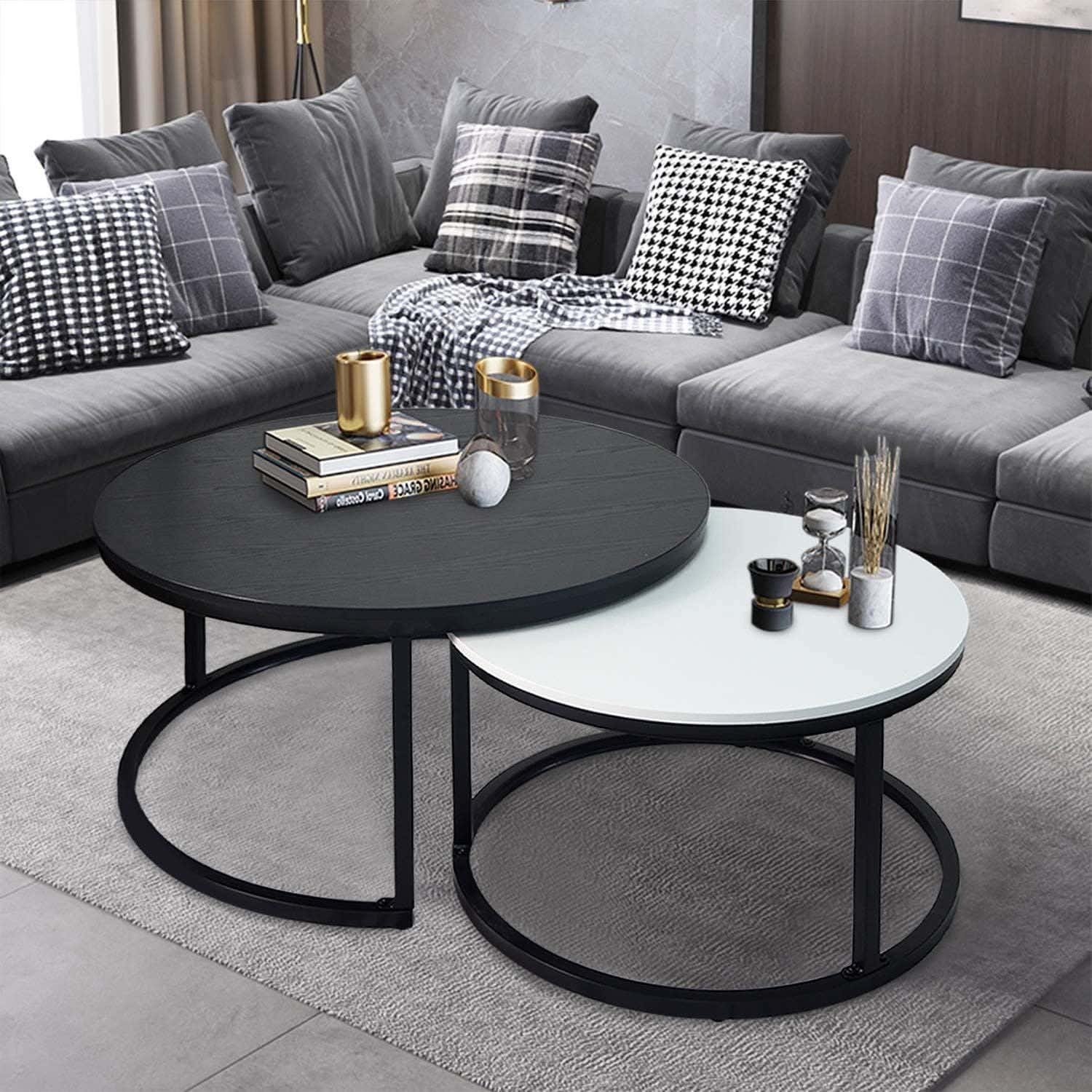 Metal coffee table set, round, nesting - black