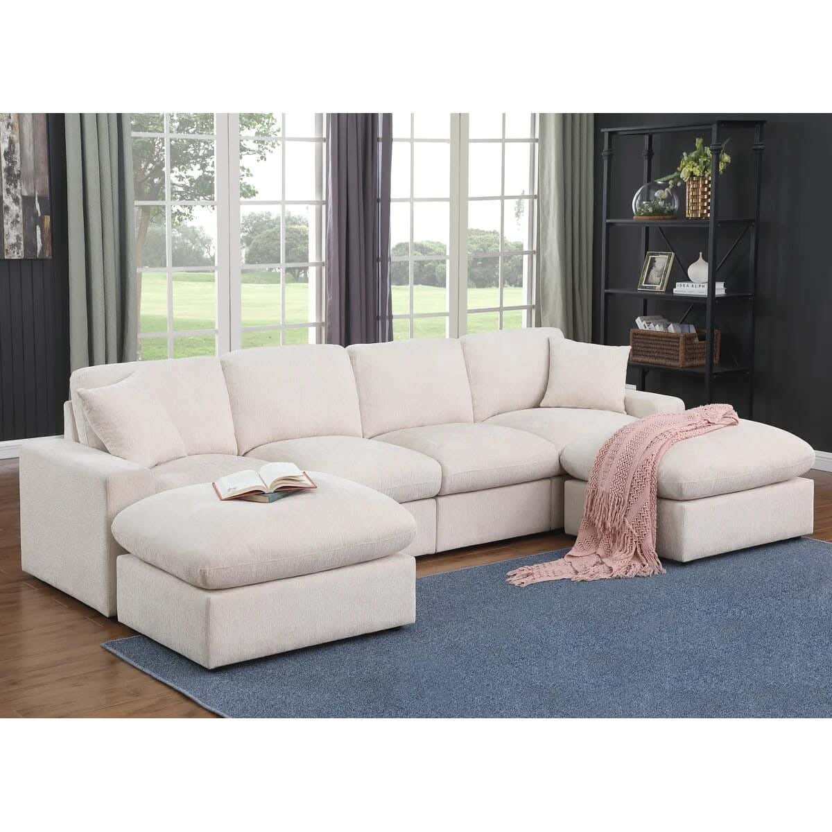 3-seater sofa, beech wood and velvet fabric, with 2 ottomans, 280x80x80 cm - Off-white