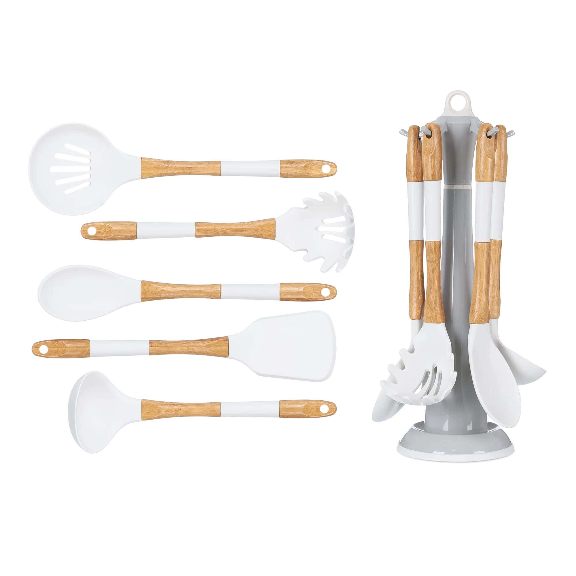 Cookware Set, 5 Pieces, With Plastic Holder, Silicone Wooden Handle - Beige