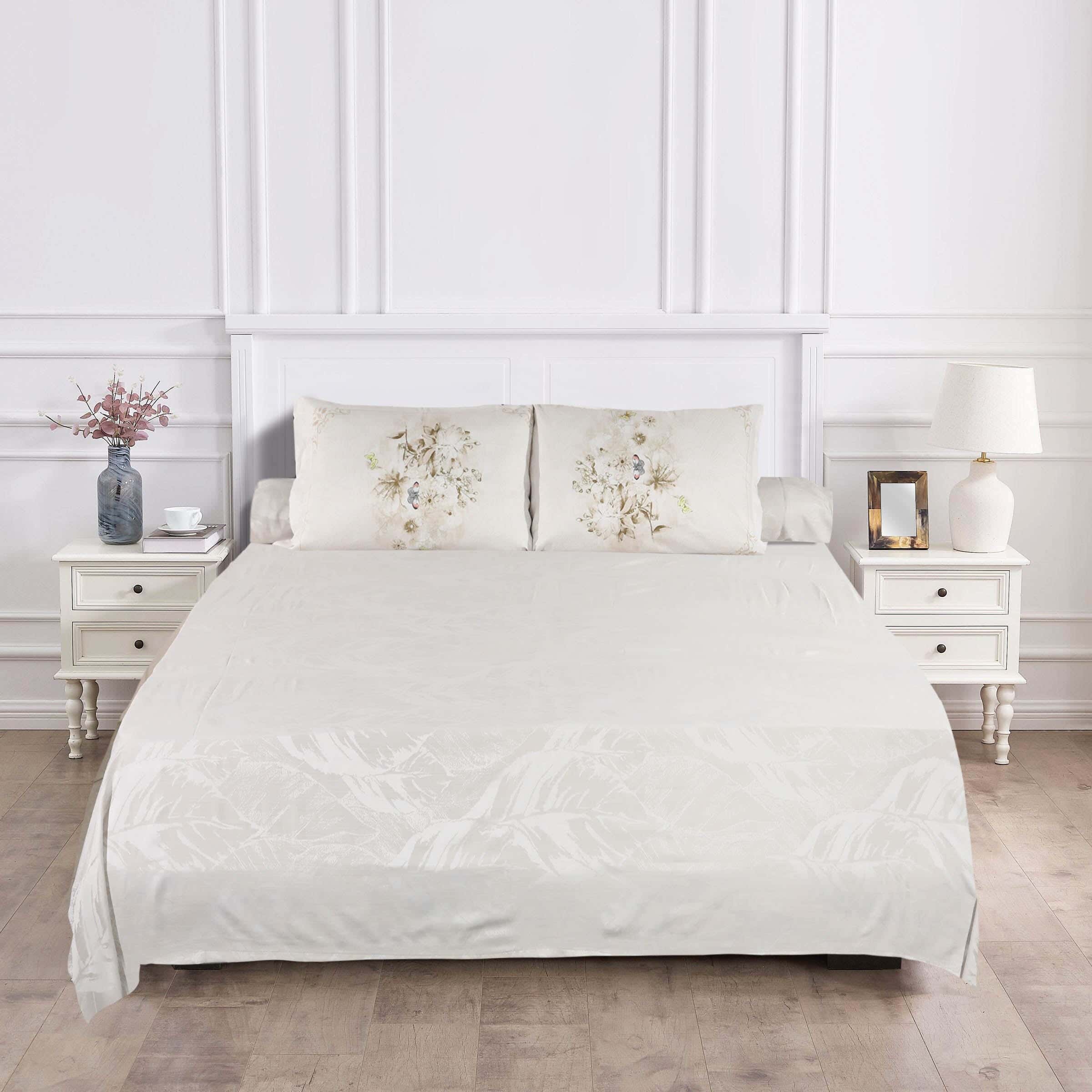 Cotton Printed Bed Sheet Set, 4 Pieces, 250X270 cm, Approx. 2100 Gm - Beige