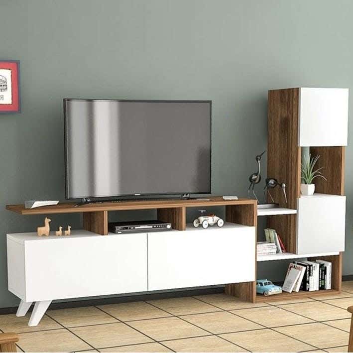 Mdf Wooden Tv Unit, 180 X 130 X 30 Cm - White Brown
