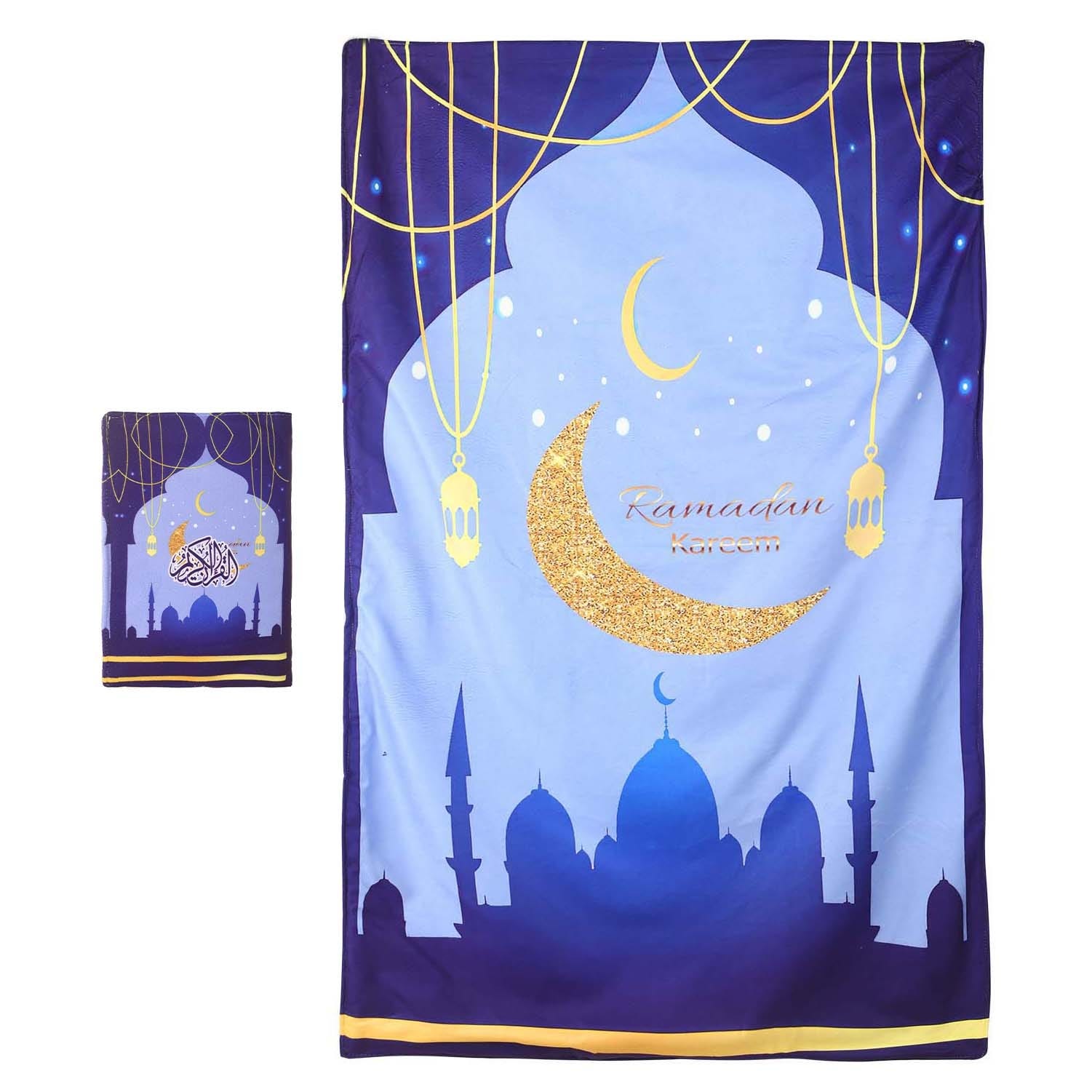 Velvet Prayer Mat with Quran cover, 120×70 cm - Light Blue Purple