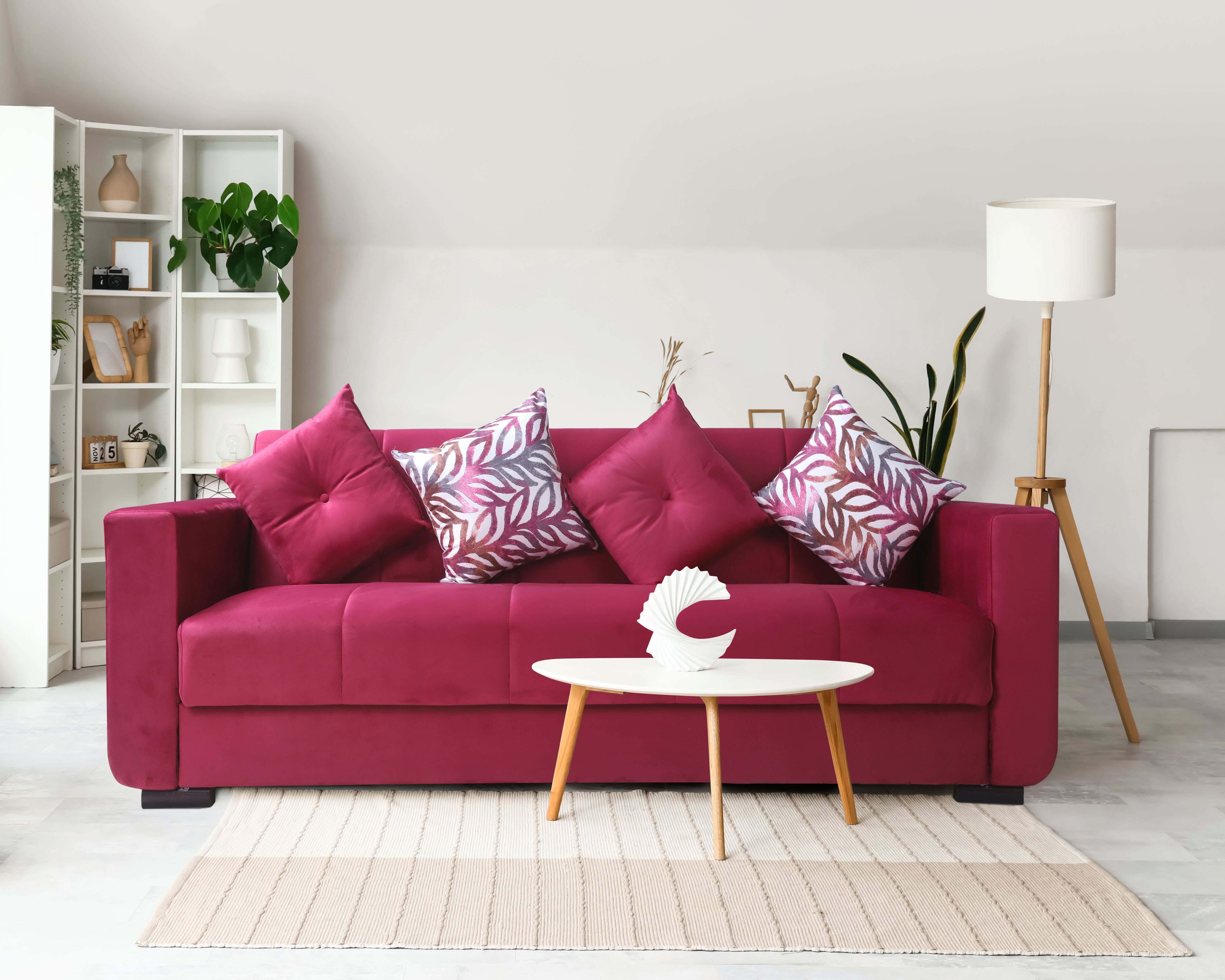 Aldora Click Natural Wood Sofa Bed, 3×1, Velvet Fabric, 3 Seats, 2 Pillows, 210×70×75 cm - Light Red