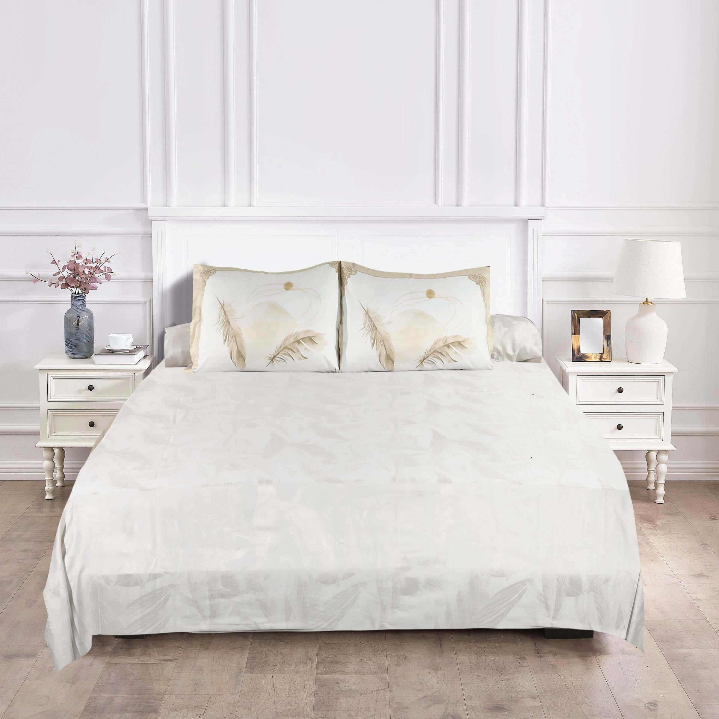 Cotton Printed Bed Sheet Set, 4 Pieces, 250X270 cm, Approx. 2100 Gm - Beige