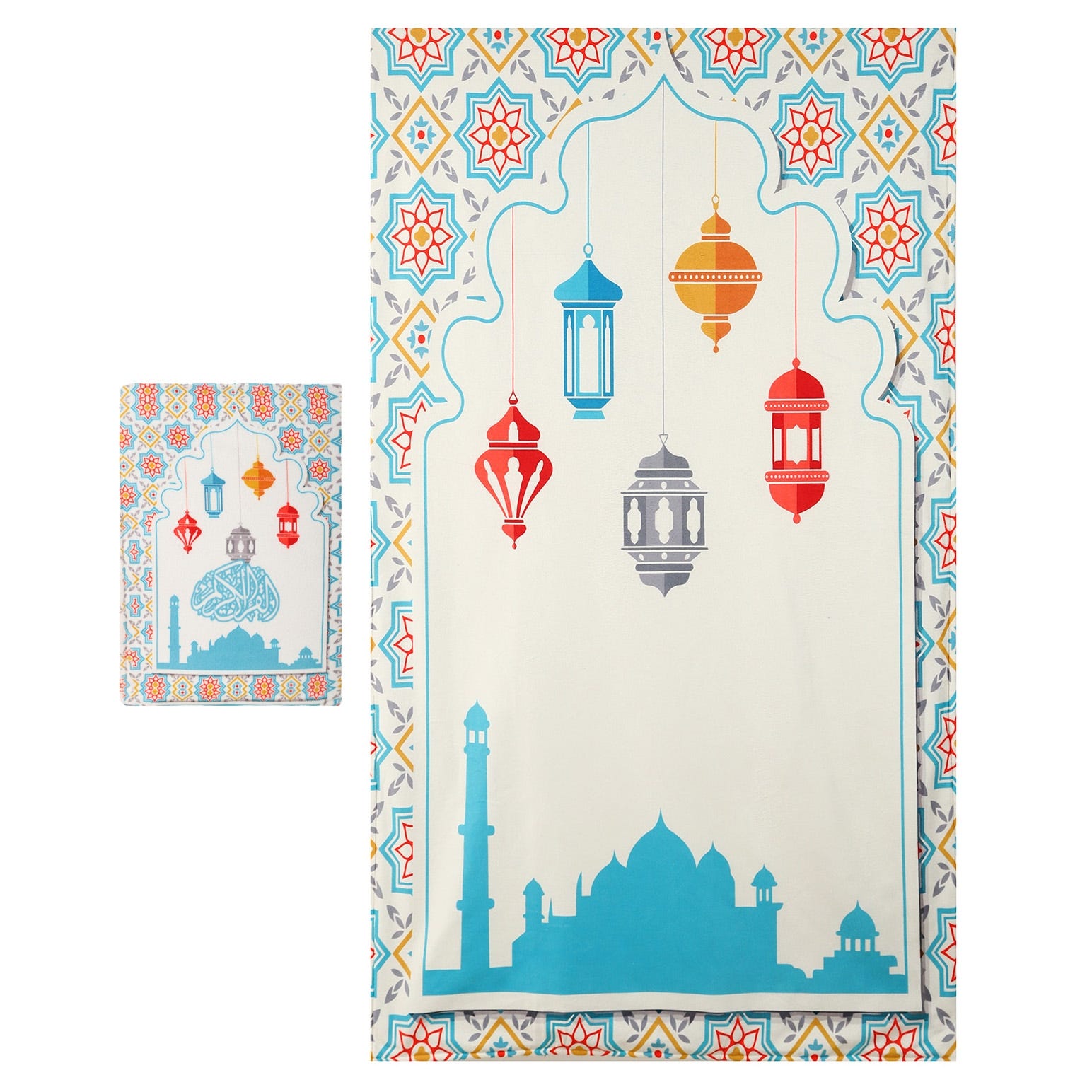 Velvet Prayer Mat with Quran cover, 120×70 cm - Off White Turquoise
