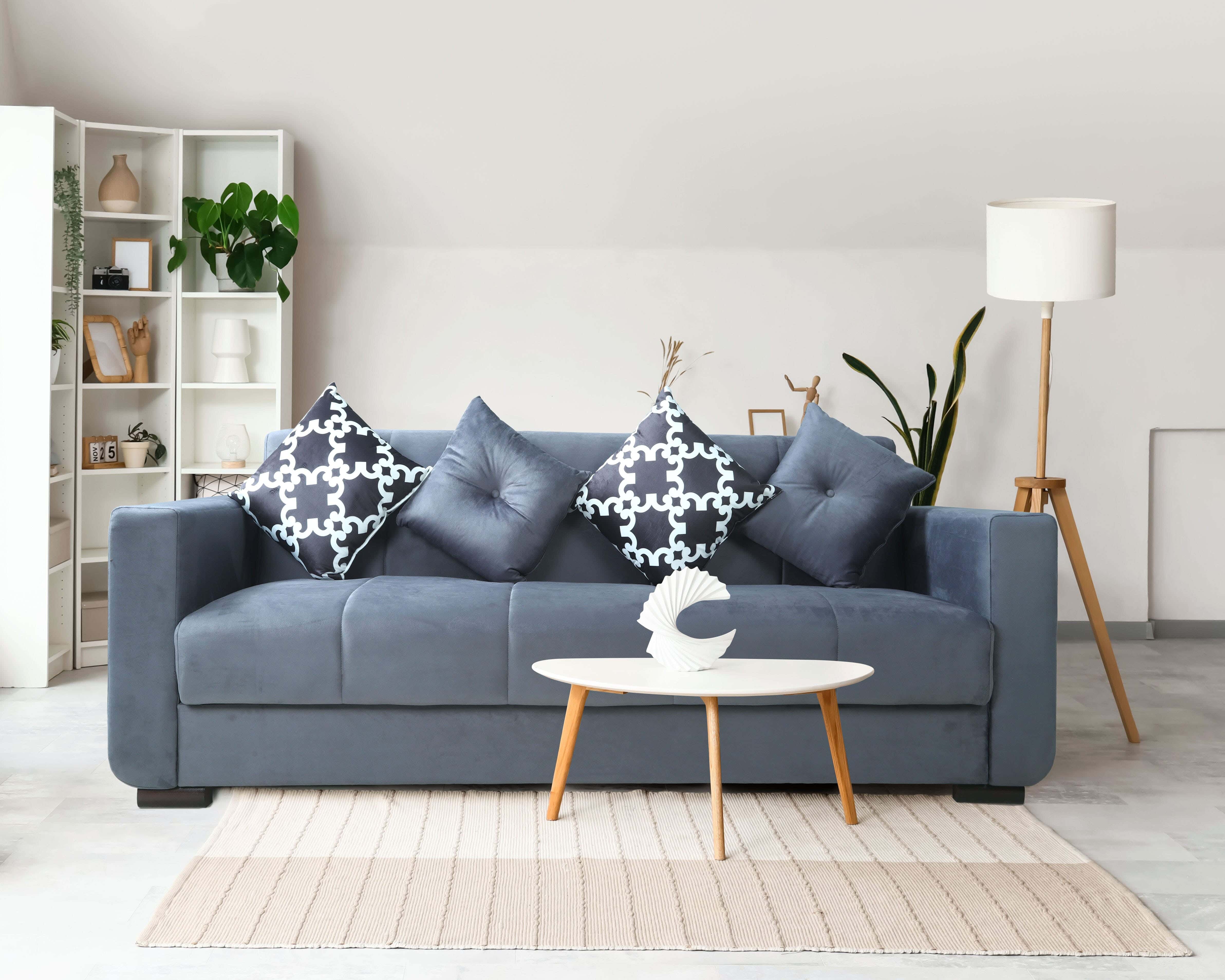 Aldora Click Natural Wood Sofa Bed, 3×1, Suede Fabric, 3 Seats, 2 Pillows, 210×70×75 cm - Dark Grey