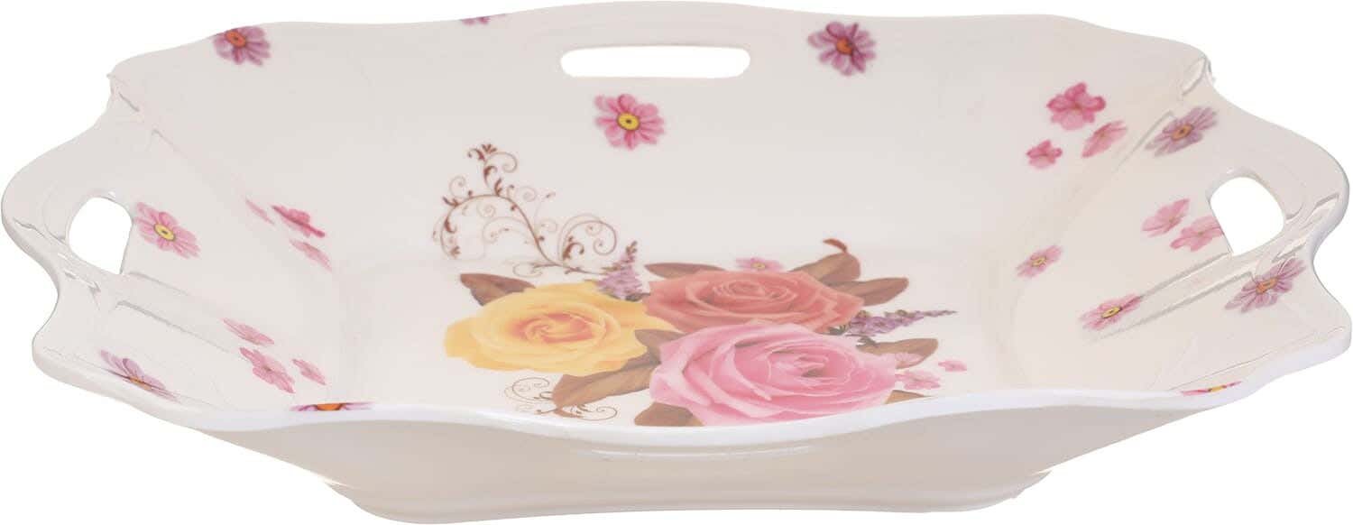 Zahraa Elmohandes Melamine Fruit Plate, 4 Handles, 33×33 cm - White Pink