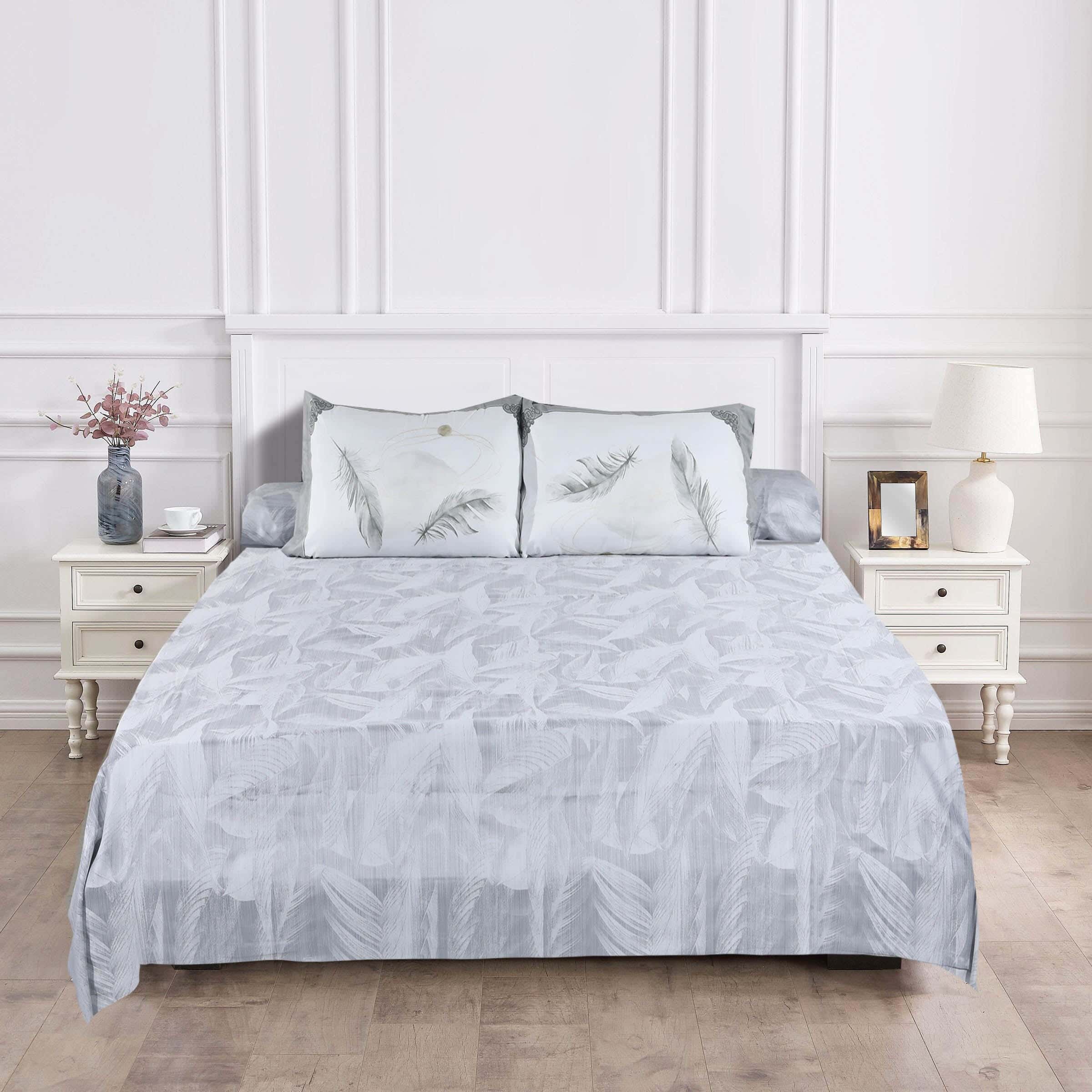 Cotton Printed Bed Sheet Set, 4 Pieces, 250X270 cm, Approx. 2100 Gm - Grey