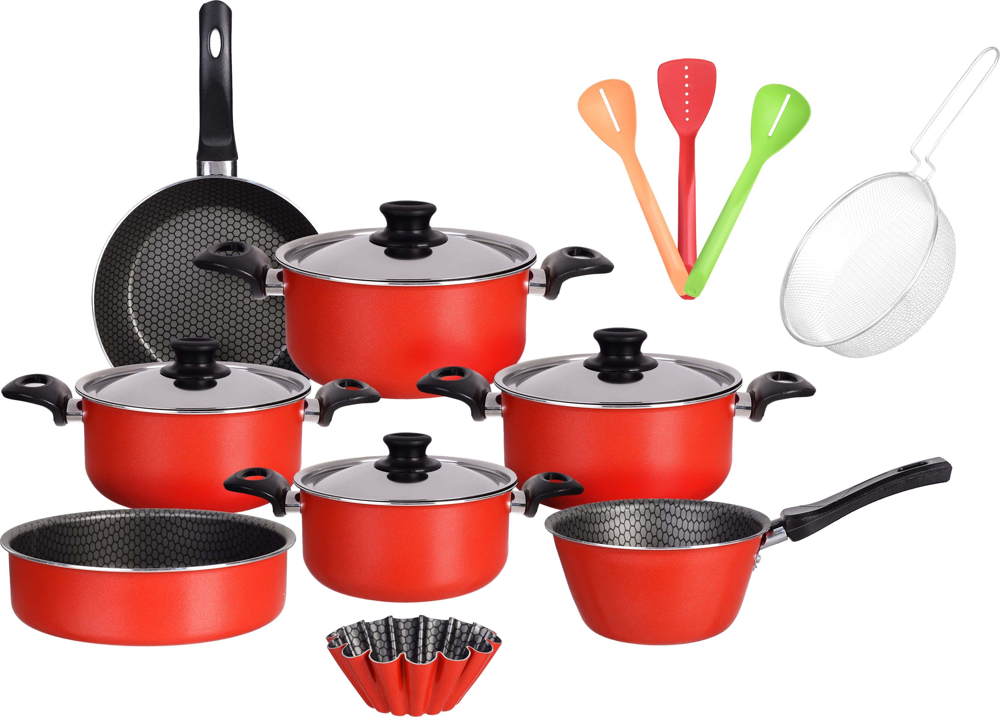 Trueval Teflon Pots Set, 16 Pieces - Red