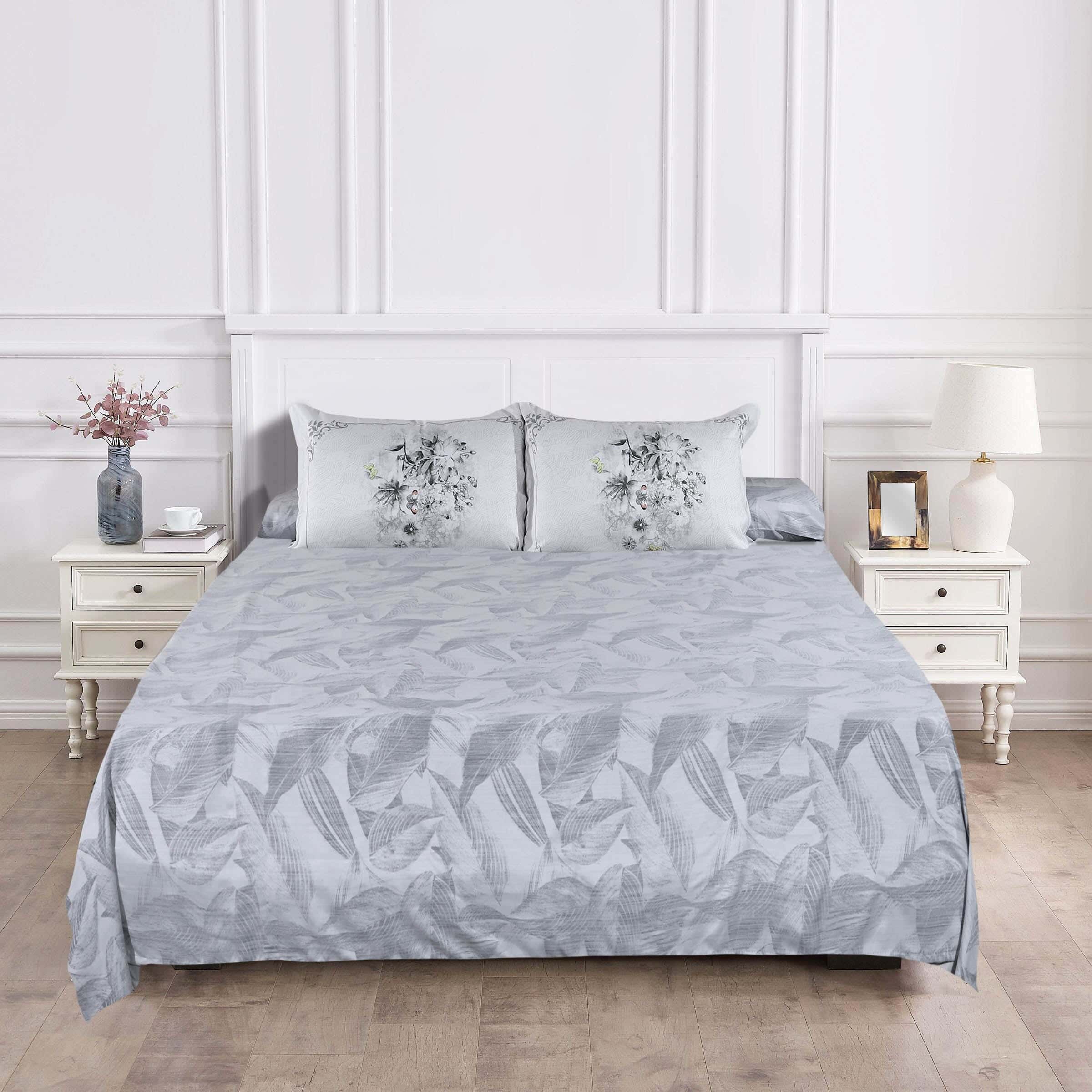 Cotton Printed Bed Sheet Set, 4 Pieces, 250X270 cm, Approx. 2100 Gm - Grey
