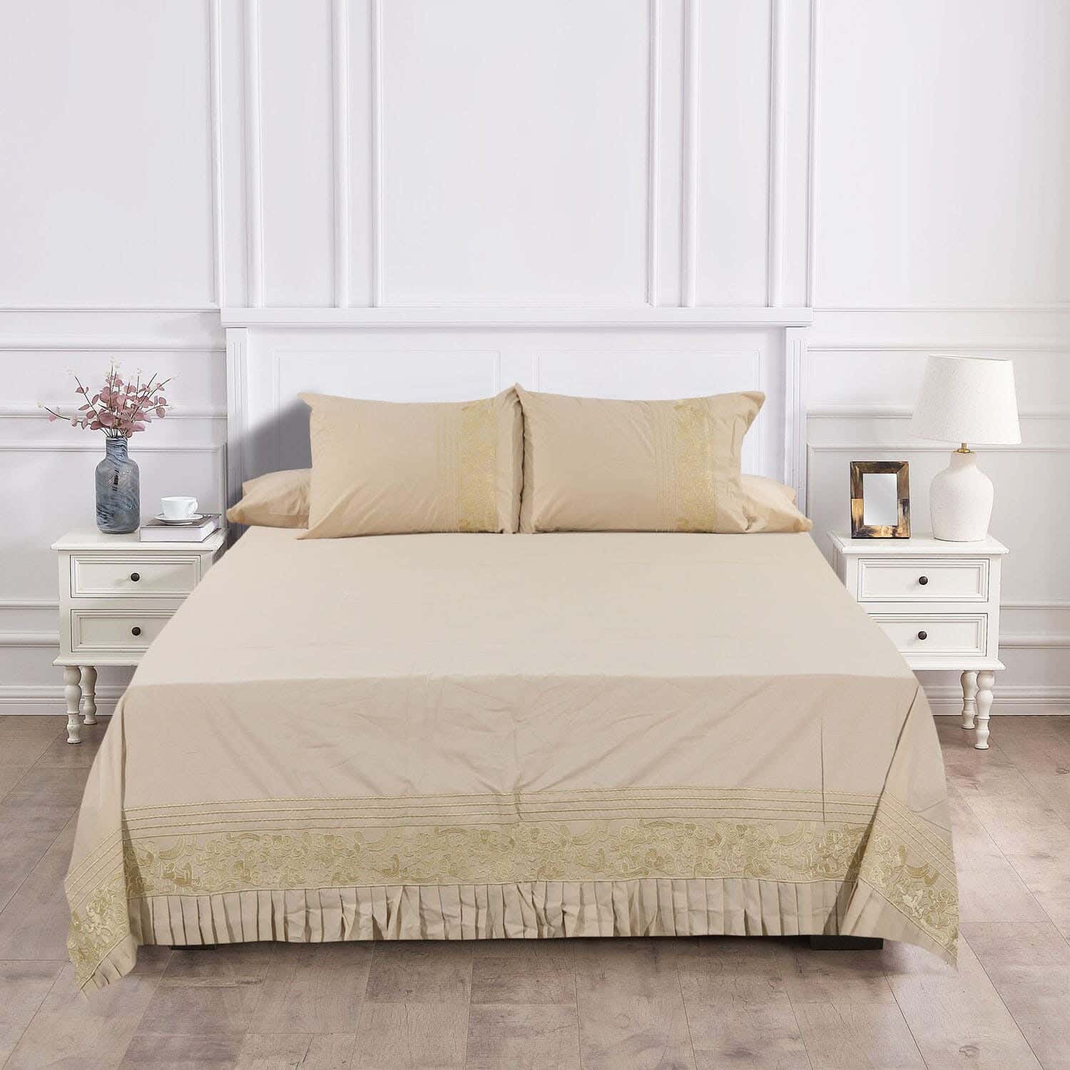 Lamsa Embroidered Cotton Bed Sheet Set, 4 Pieces, 240X270 cm - Beige