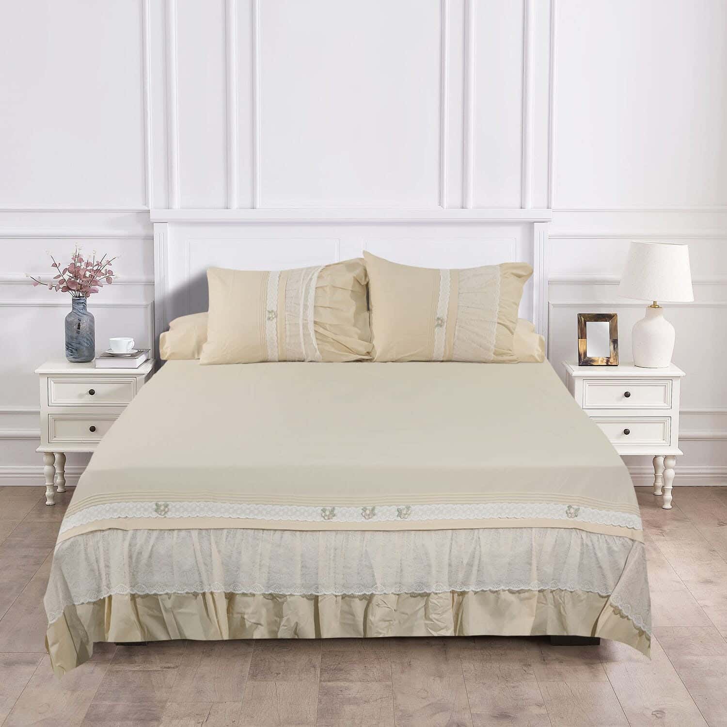 Arya Embroidered Cotton Bed Sheet Set, 4 Pieces, 275X240 cm - Beige