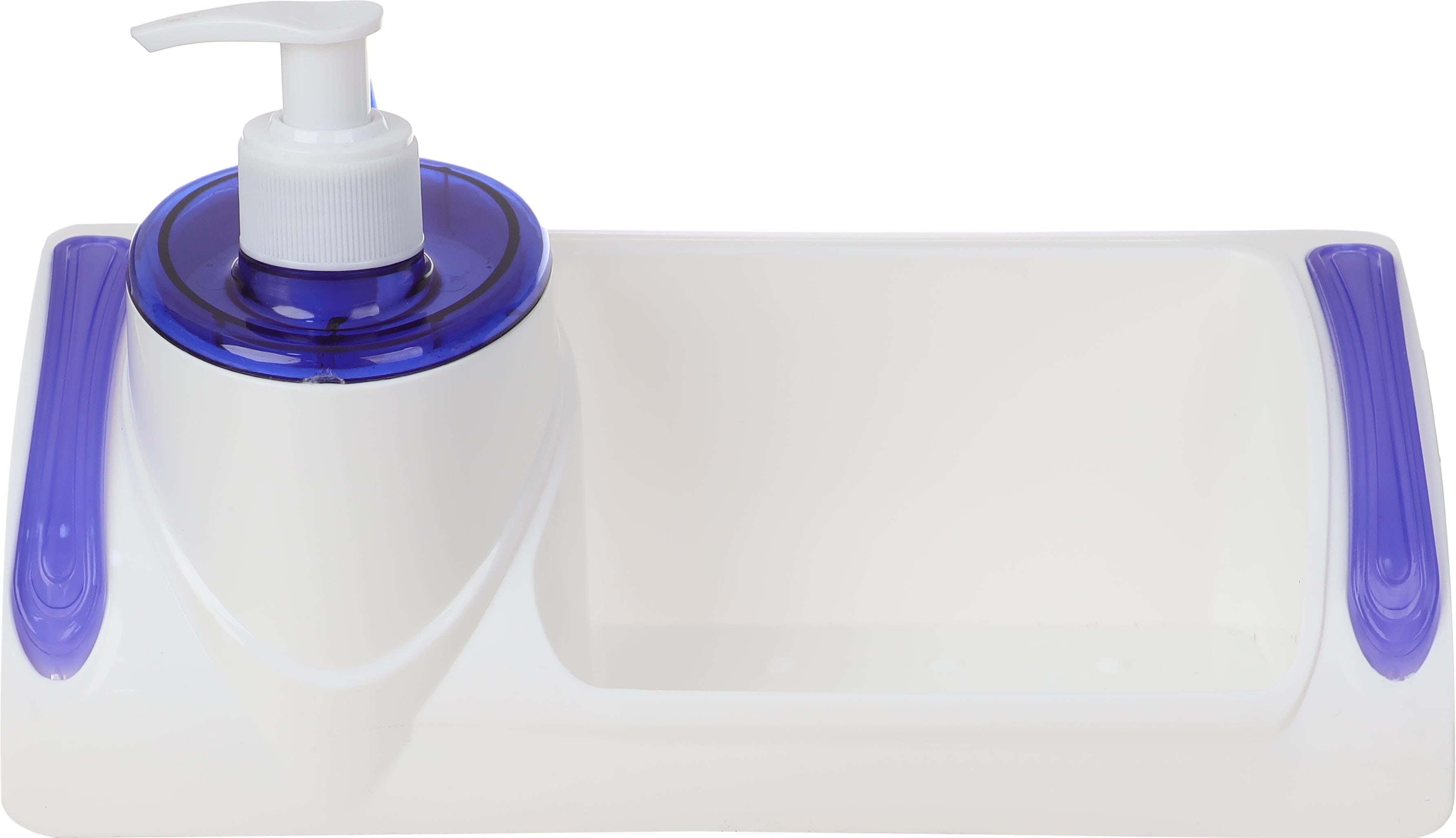 Lamsa Plast Plastic Soap Pump, with Sponge Holder, 24x10x13.5 cm - White Blue