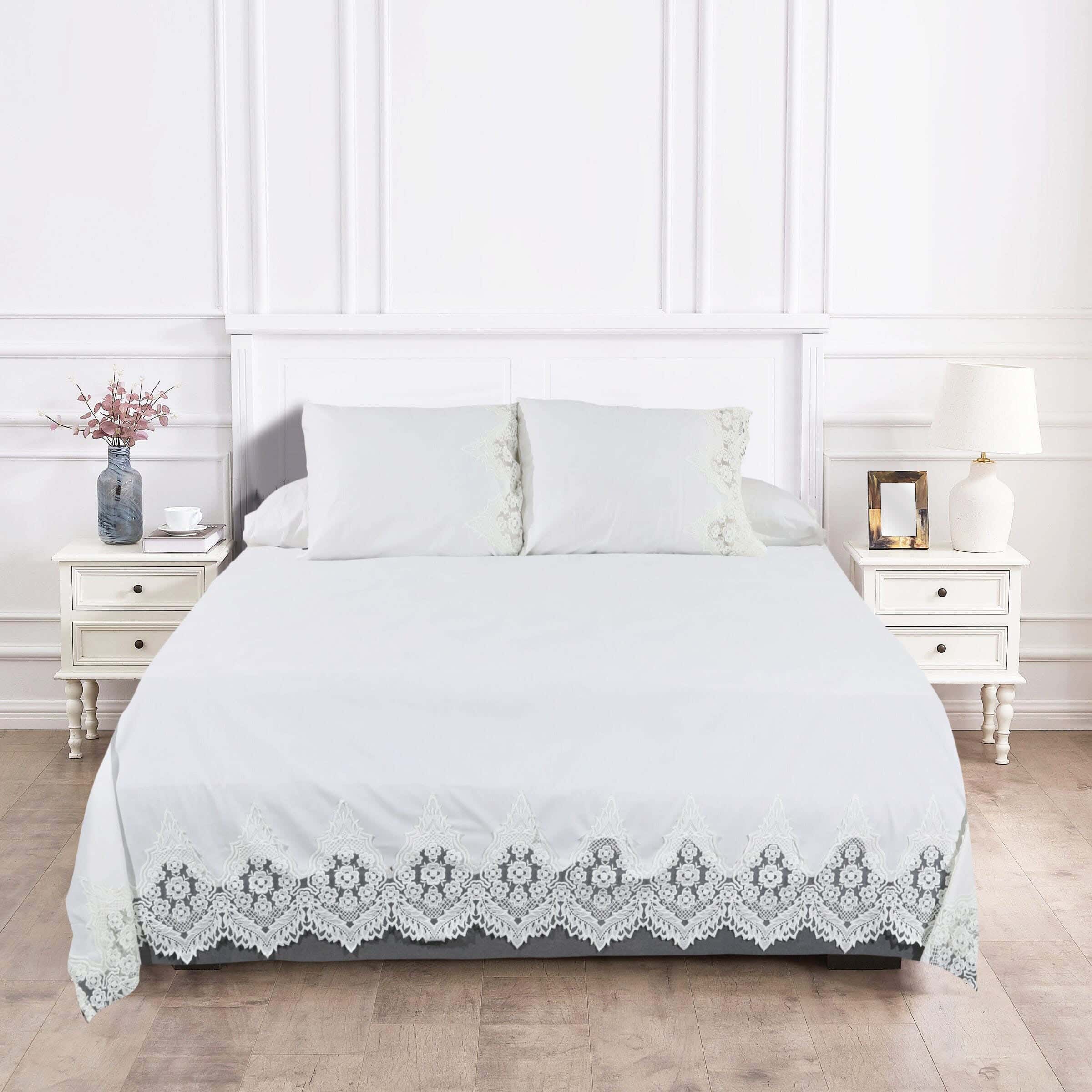 Arya Embroidered Cotton Bed Sheet Set, 4 Pieces, 270×240 cm - White