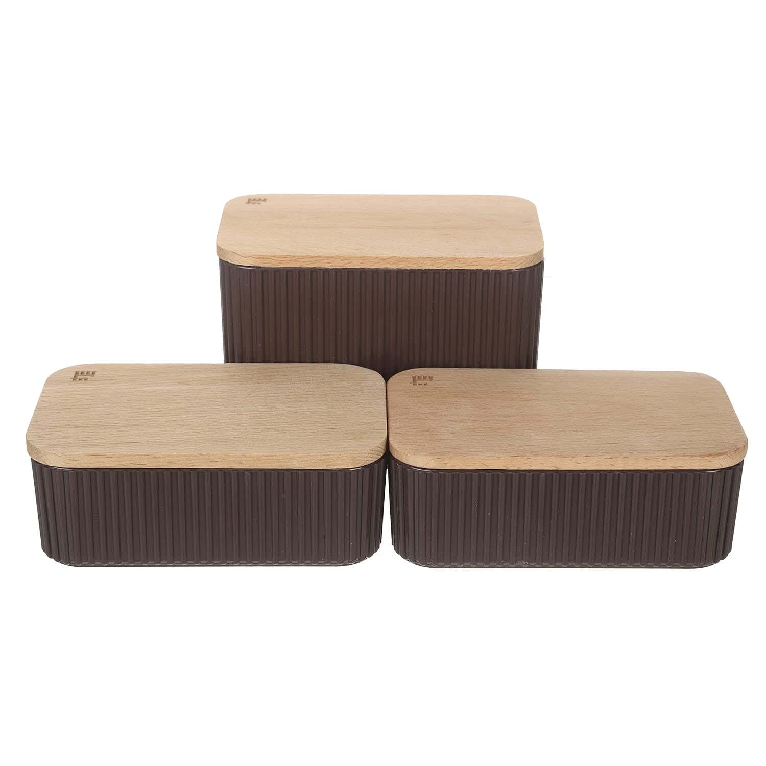 Karaca Plastic Storage Box Set with Wood Lid, 3 Pieces - Brown Beige