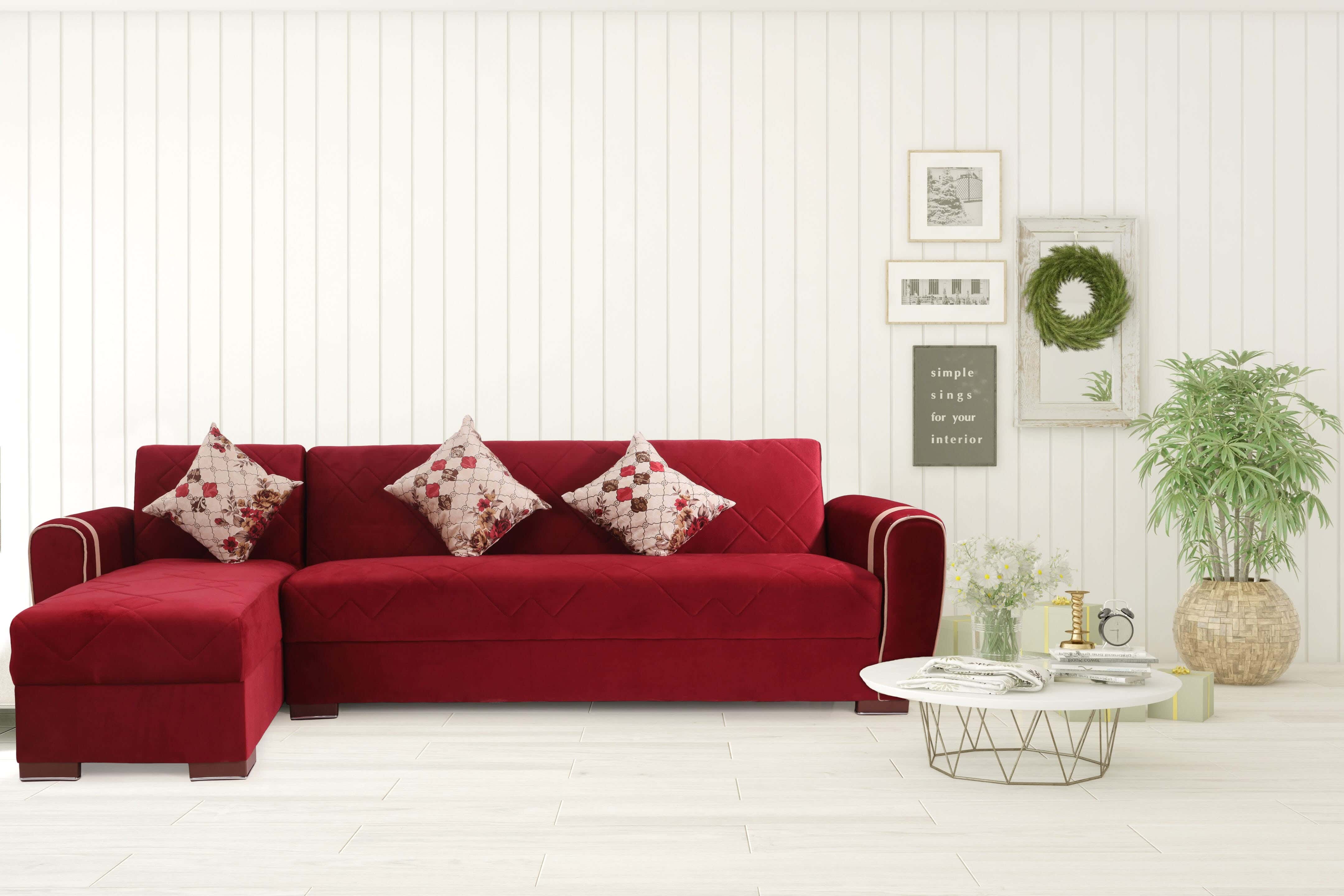 Musky & Beech Wood L-Shaped Corner Sofa Bed, 2 Pieces, 3 Cushions, 276x136x81 cm - Dark Red