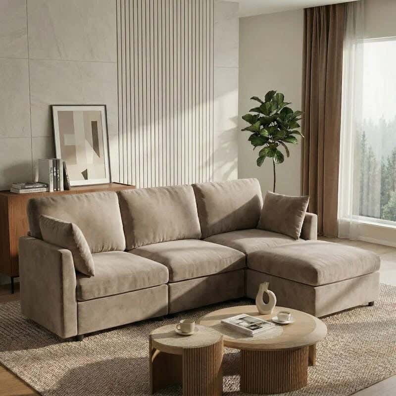 3-seater sofa, beech wood and velvet fabric with pouf, 220x80x80 cm - Cafe