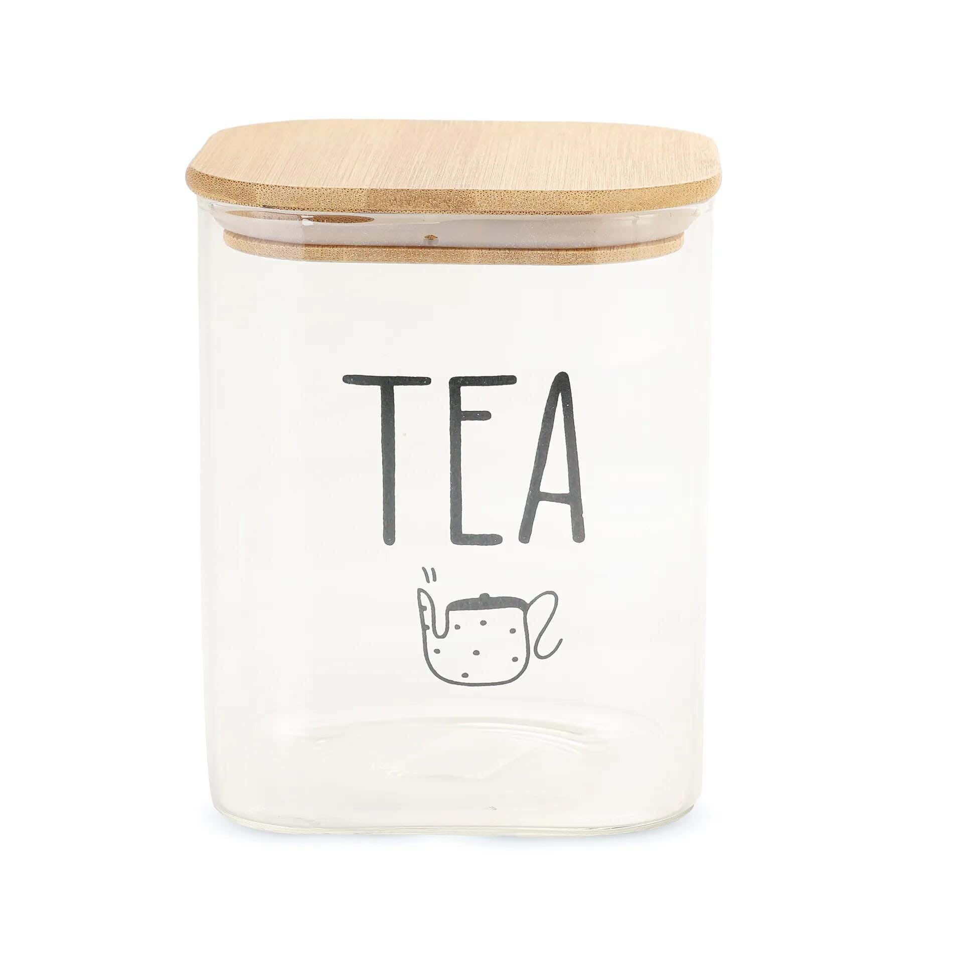 Square Tea Storage Jar, Glass With Wooden Lid - Clear