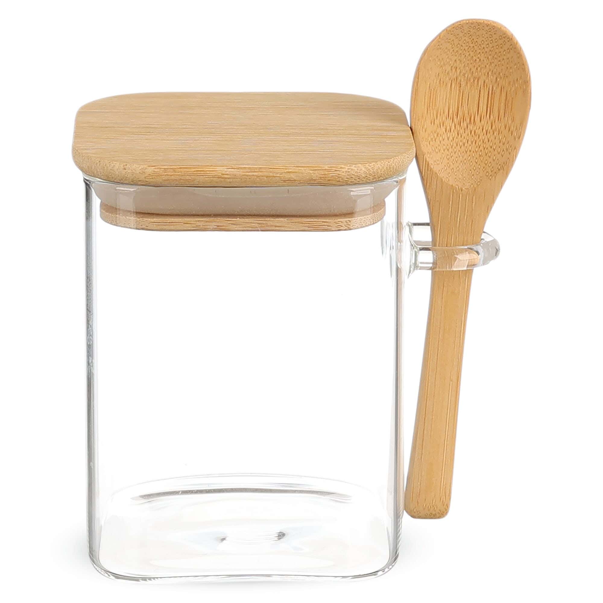Food Storage Jar With Lid, Square Shape, Heat-Resistant Glass With Wooden Lid, Medium Size - Clear