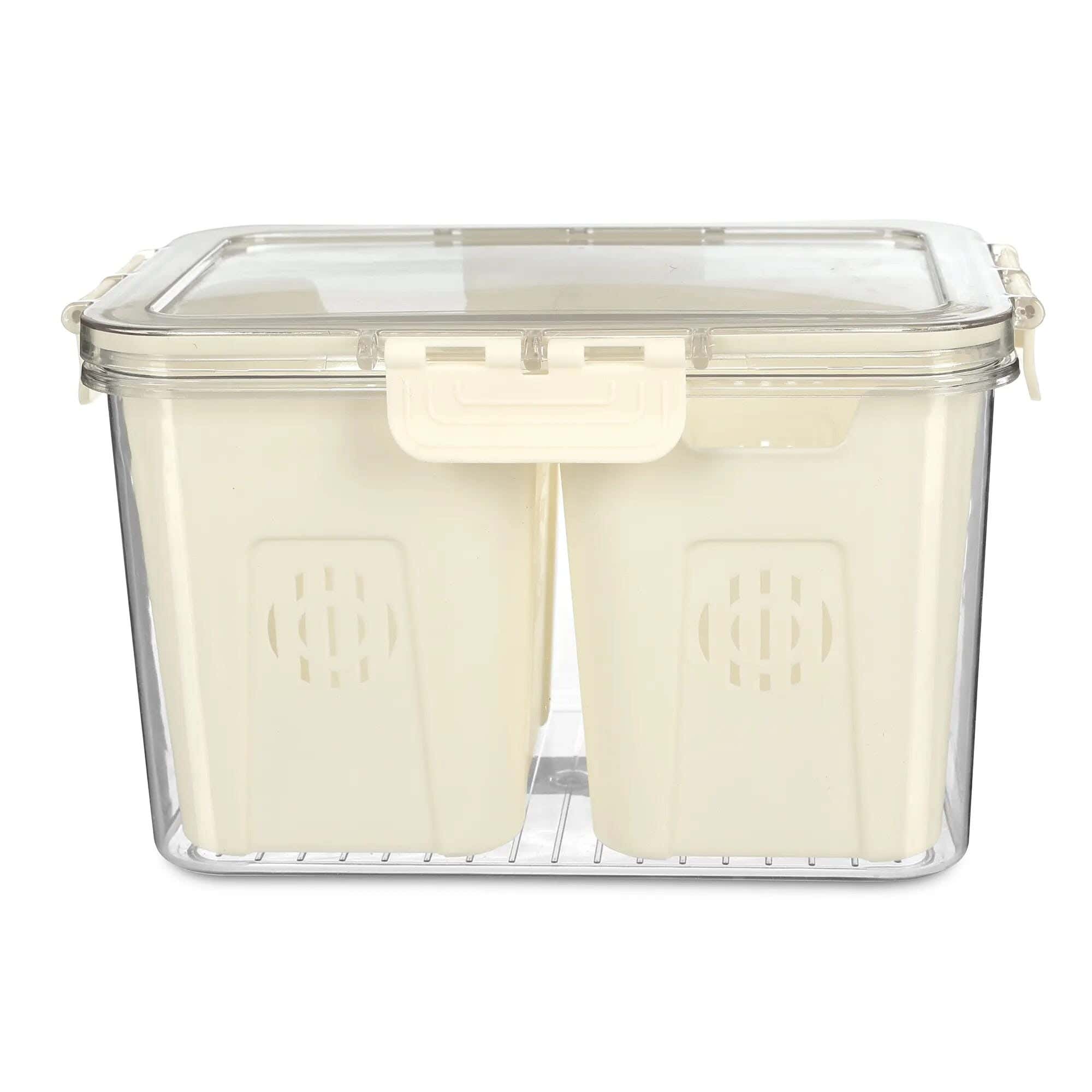Rectangular Refrigerator Box With Lid And Two Internal Drainage Baskets, Measuring 24 X 17 X 14 Cm, Acrylic - Clear