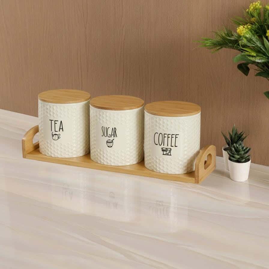 3-Piece Porcelain Storage Set With Wooden Stand, Round Honeycomb Design - White