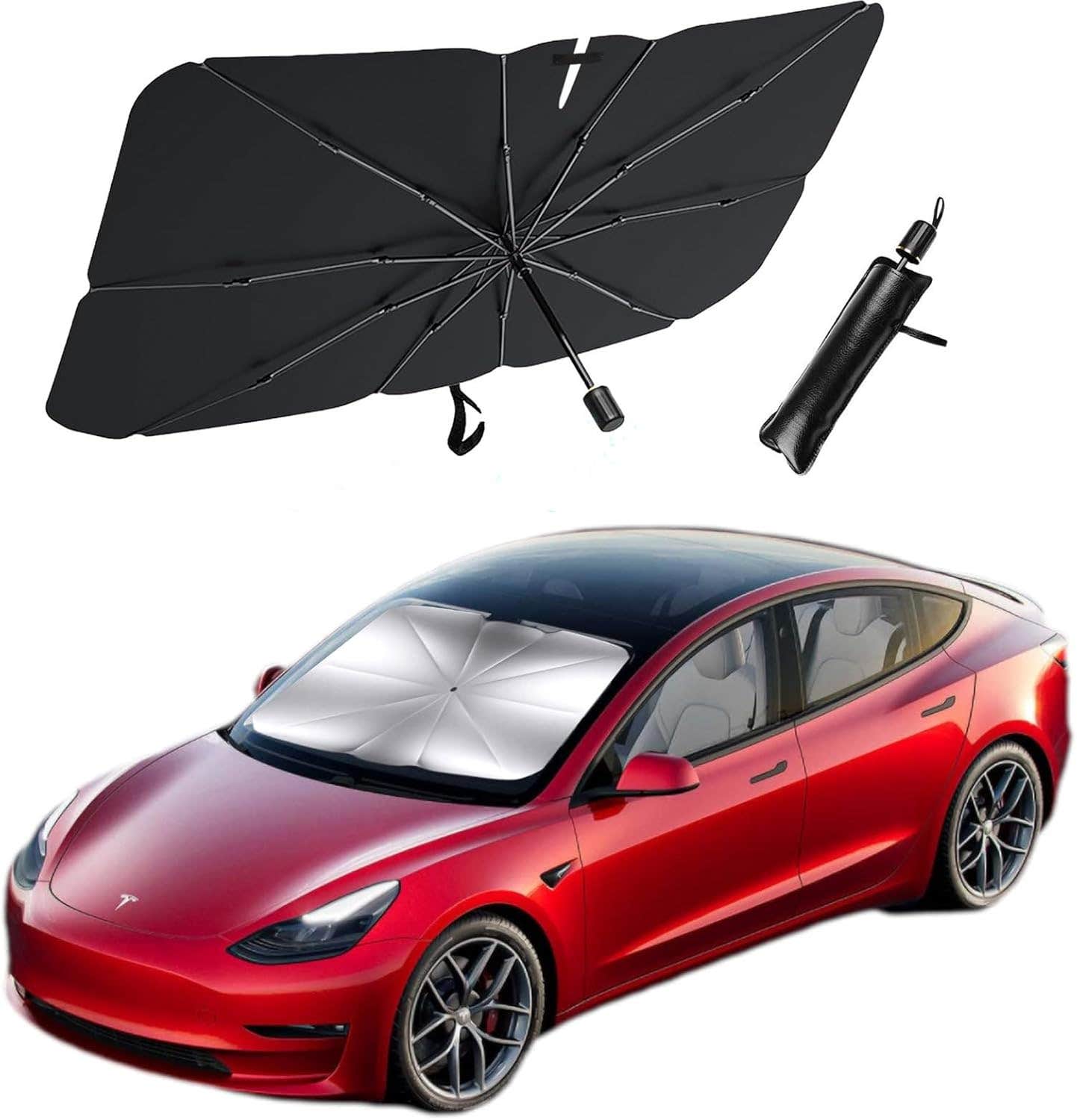 Foldable Car Windshield Sun Shade Umbrella, 55 X 31 Inch - Black