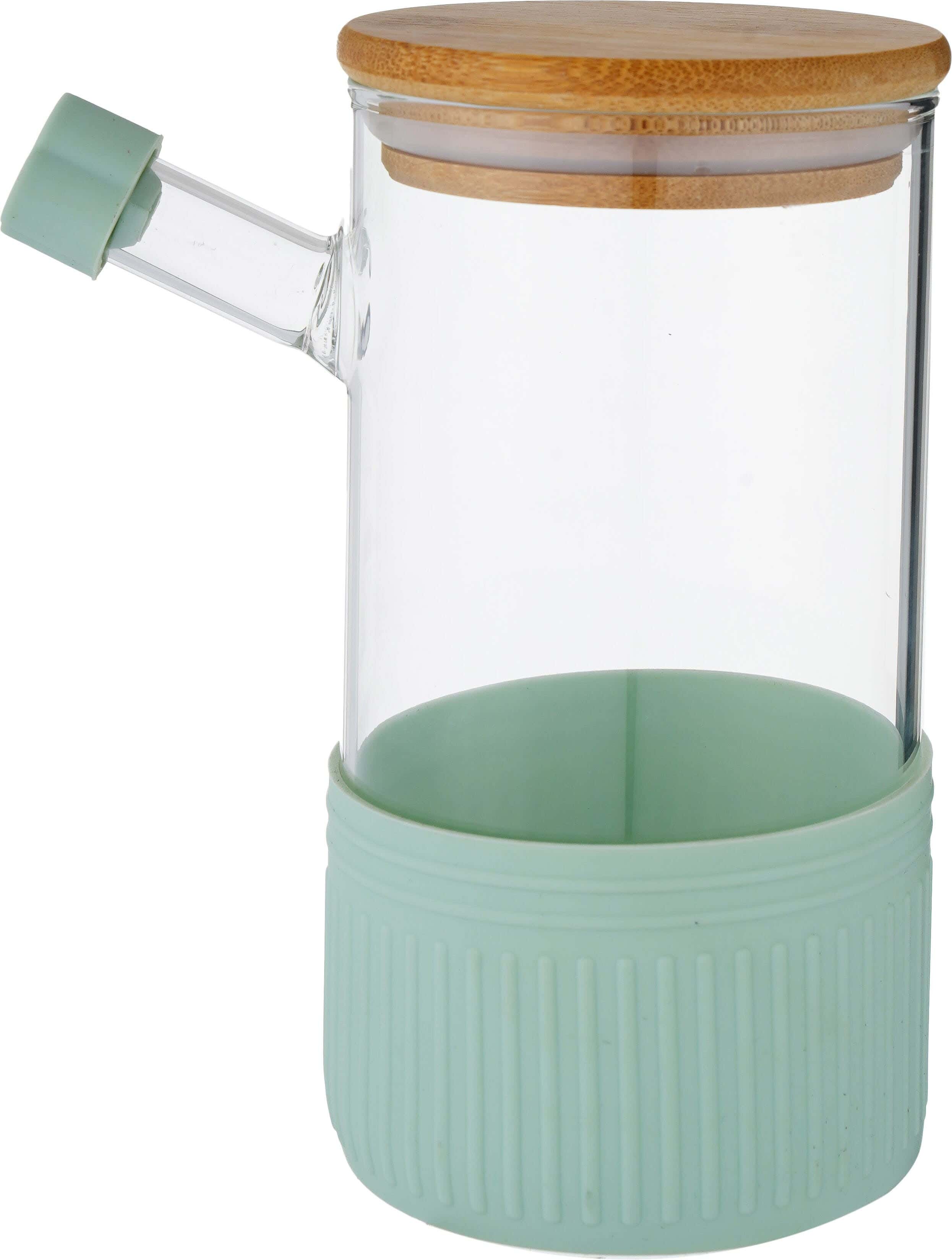 Olala Glass Oil Jar with Silicone Sleeve, Wood Lid, 16 cm - Clear Green