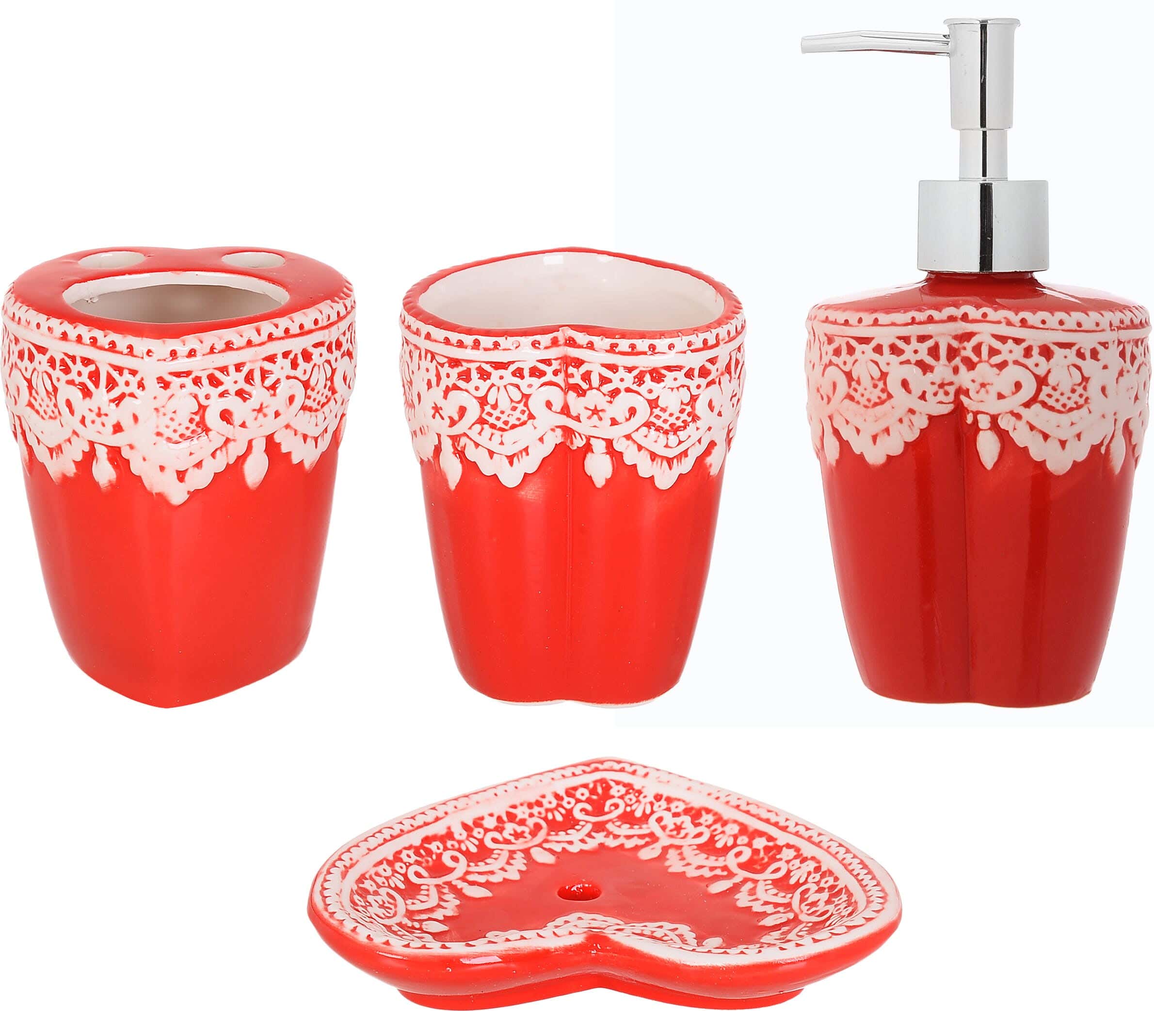 Porcelain Bathroom Accessories Set, 4 Pieces - Red White