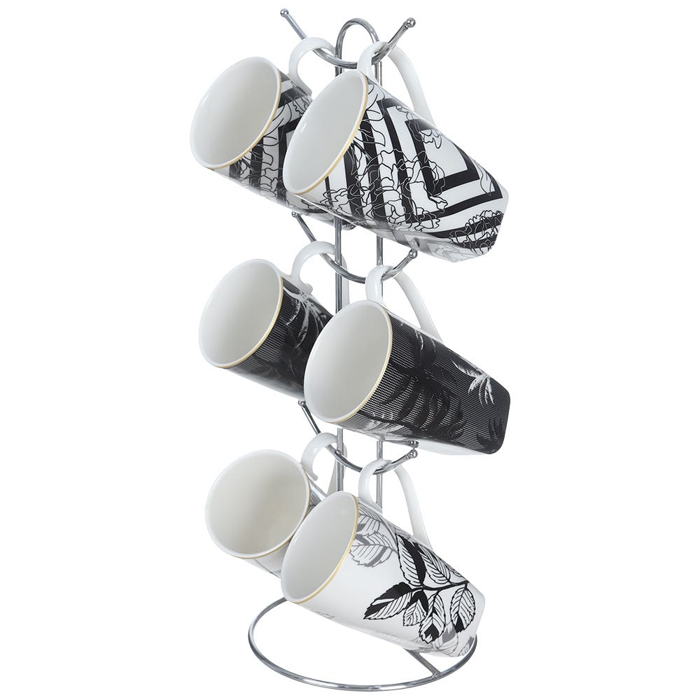 Lotus Dream Porcelain Mug Set, 6 Pieces - Black White