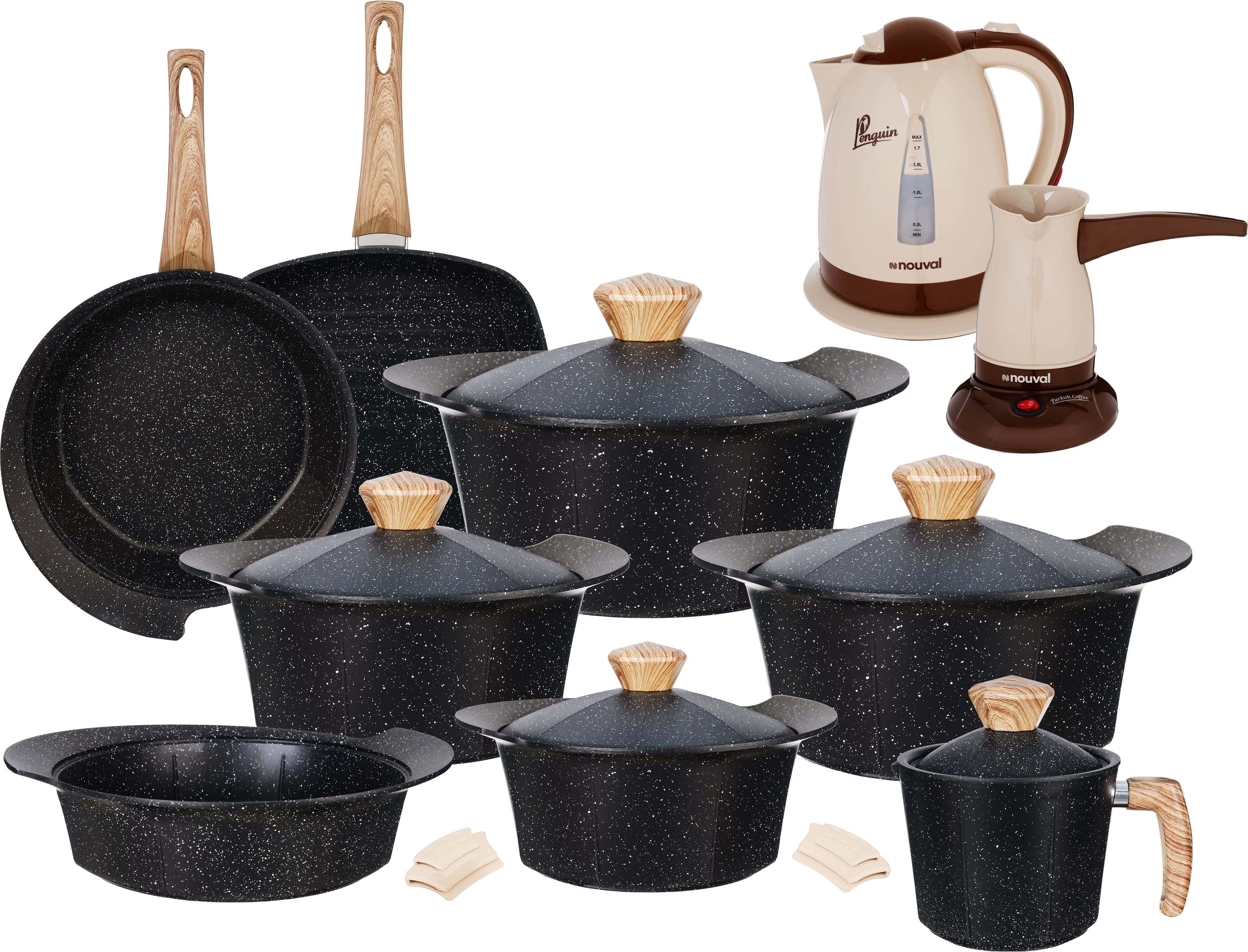 Ideal Home Granite Cookware Set, 17 Pieces, with Electric Kettle and Nouval Coffee Maker as a Gift - Black