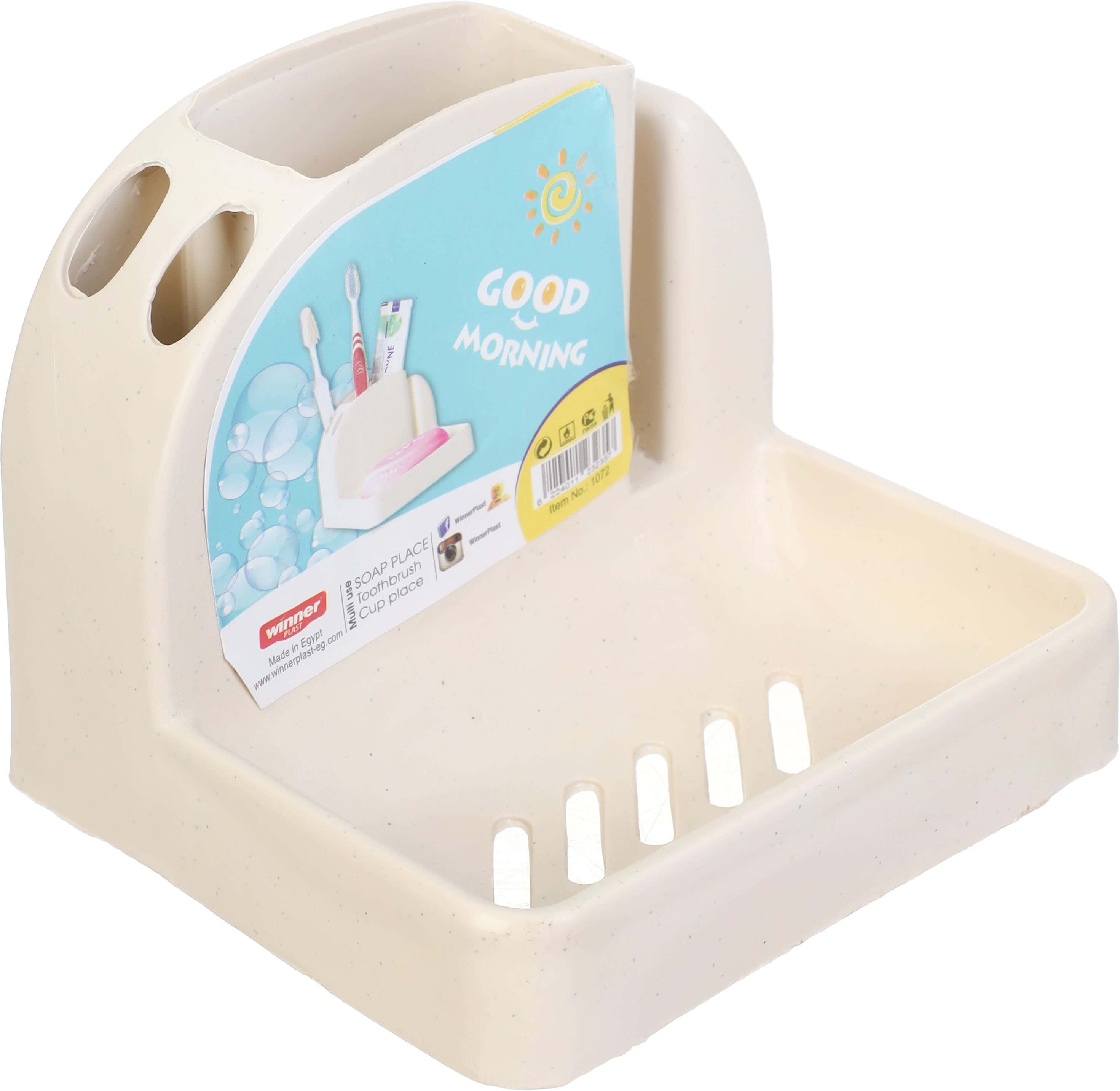 Winner Plast Plastic Soap Dish with Toothbrush Stand, 2×1, 11×10 cm - Light Beige