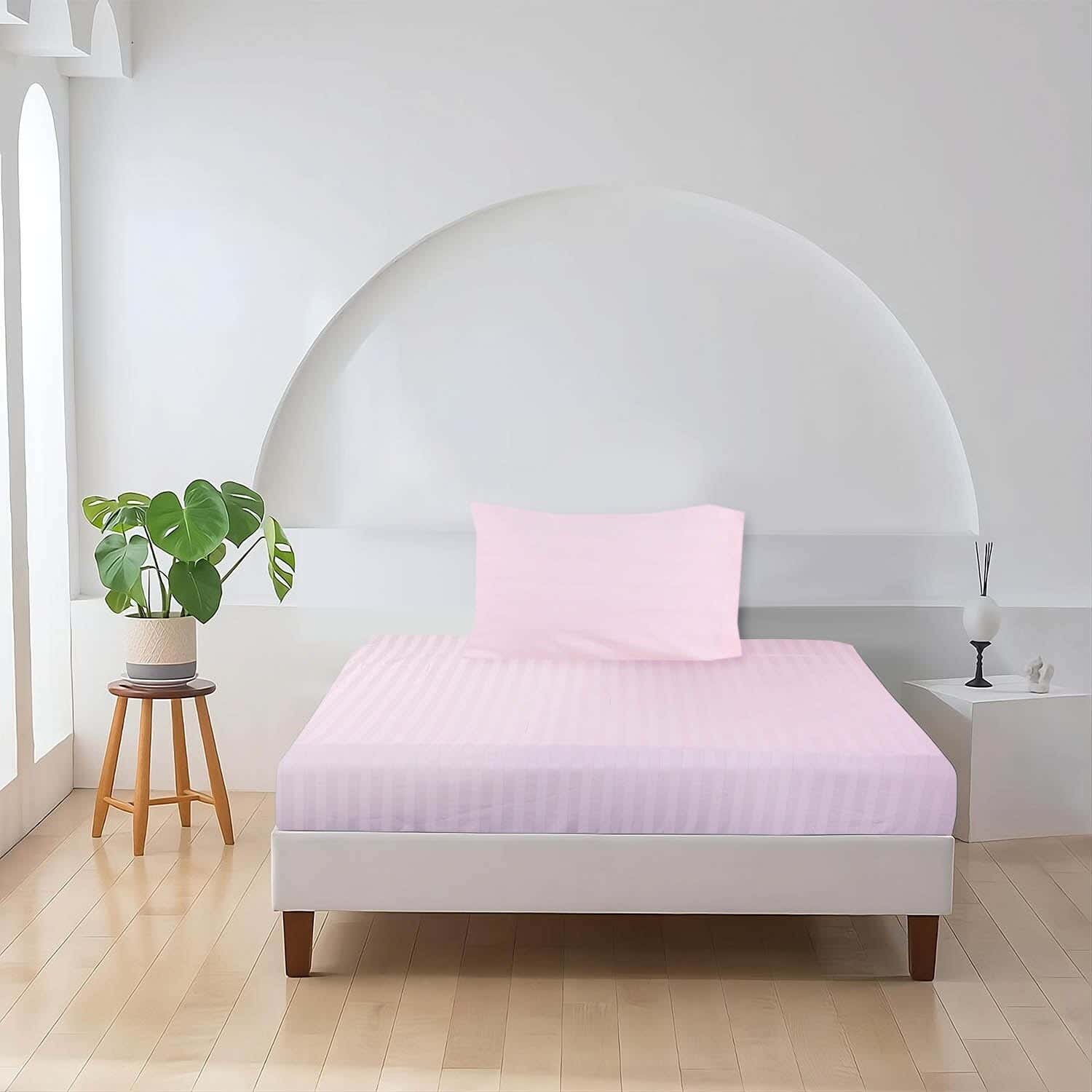 Mahalla Cotton Striped Bed Sheet Set With Elastic, 2 Pieces, 120×200 cm - Pink