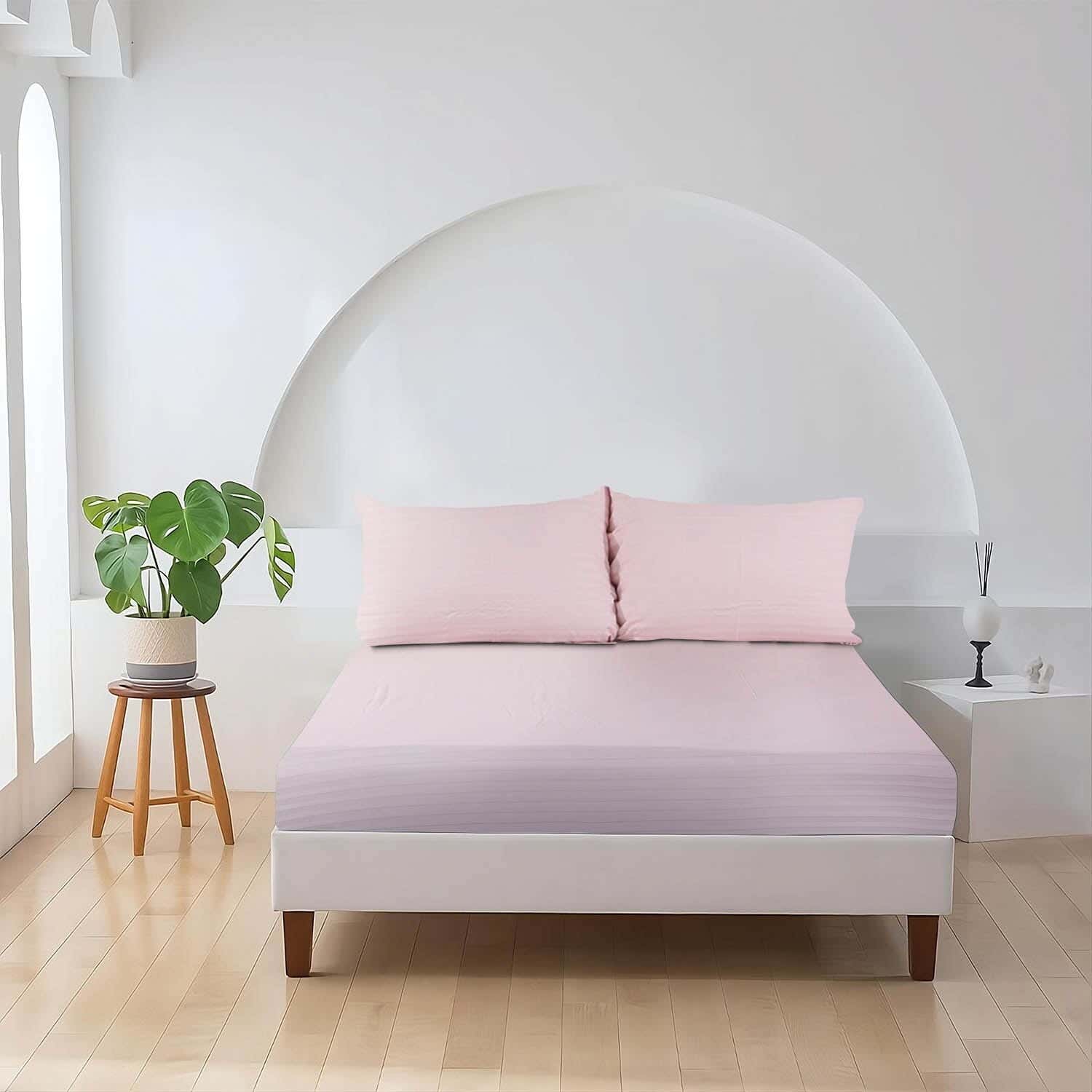 Mahalla Cotton Striped Bed Sheet Set With Elastic, 3 Pieces, 200×180 cm - Pink