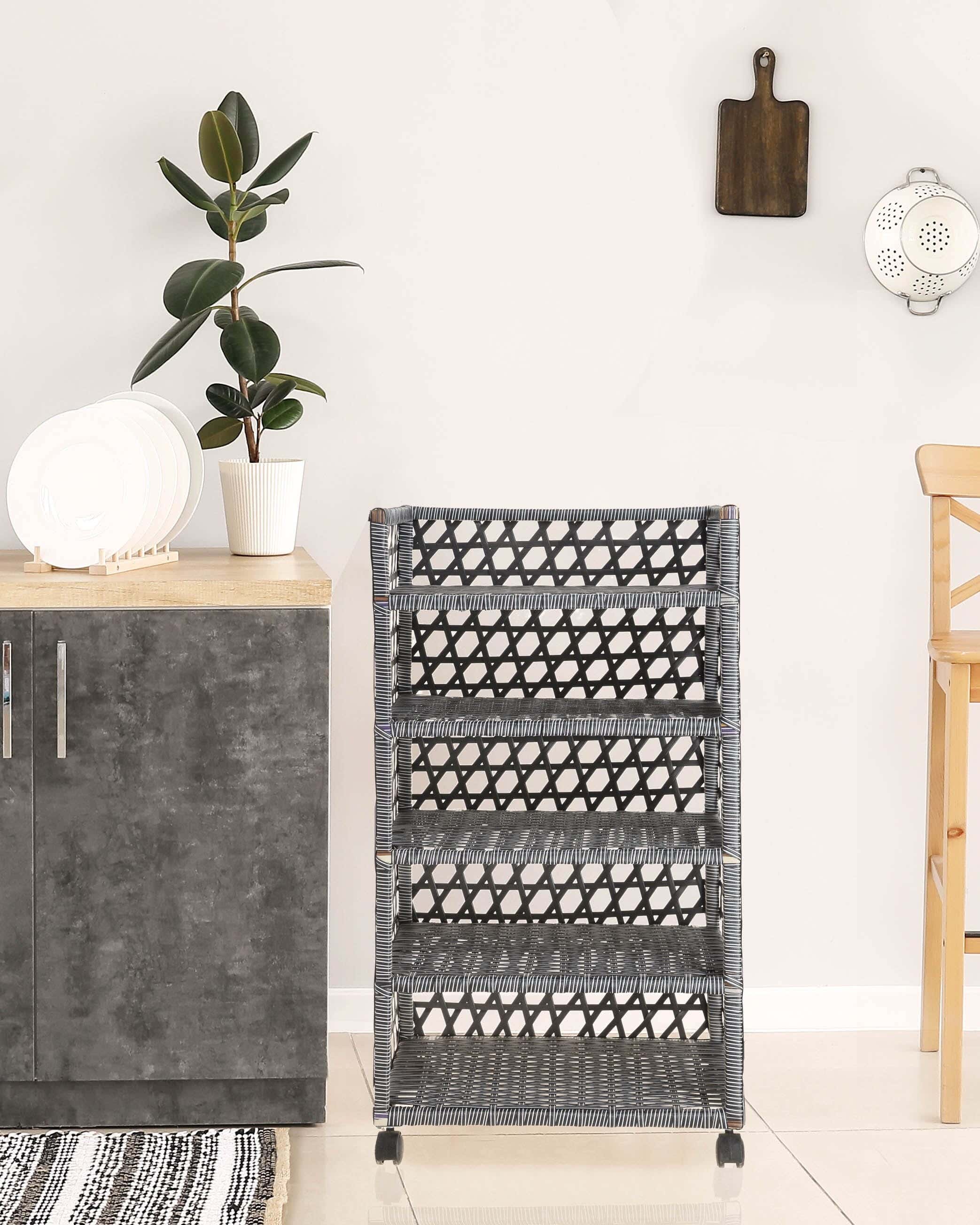 Rectangular Rattan Trolley, 4 Layers, 96×50 cm - Grey