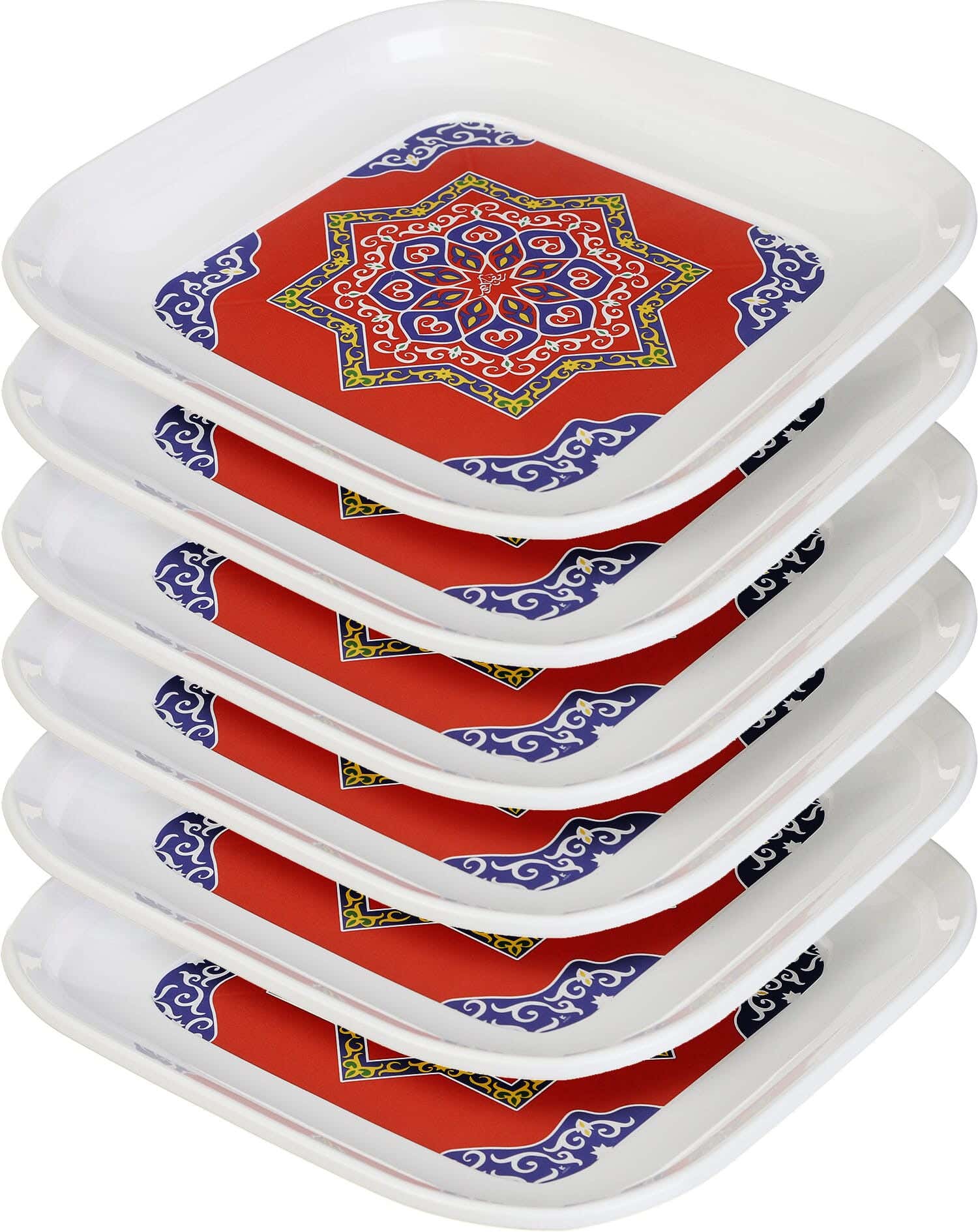 Elite Square Plastic Plate Set, 6 Pieces, Ramadan Shaped, 25 cm - White Red