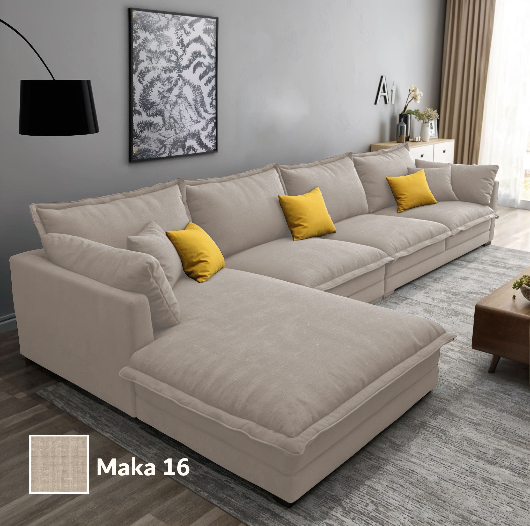 Two-piece L-shaped corner sofa, made of musk wood, and linen fabric, 300x200x80x70 cm - Light Brown