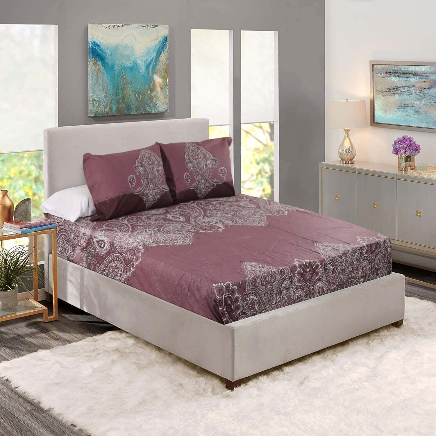 Swan Cotton Bed Sheet Set, 4 Pieces, 2150 grm - Dark Red
